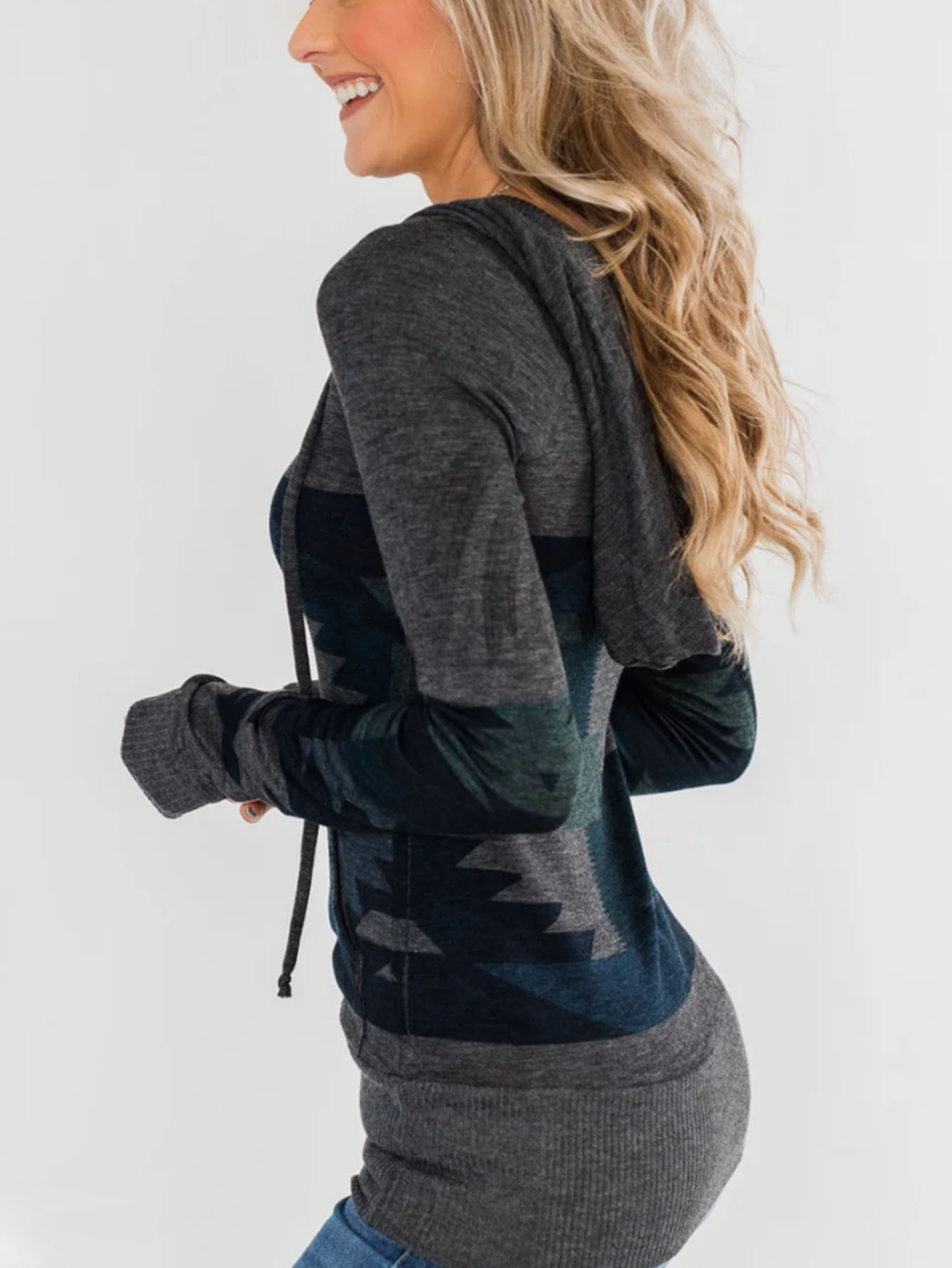 Women's Aztec Print Hoodie Top - Long Sleeve V Neck Knit Pullover With Pocket, Casual Geometric Print Hooded Blouse photo 4