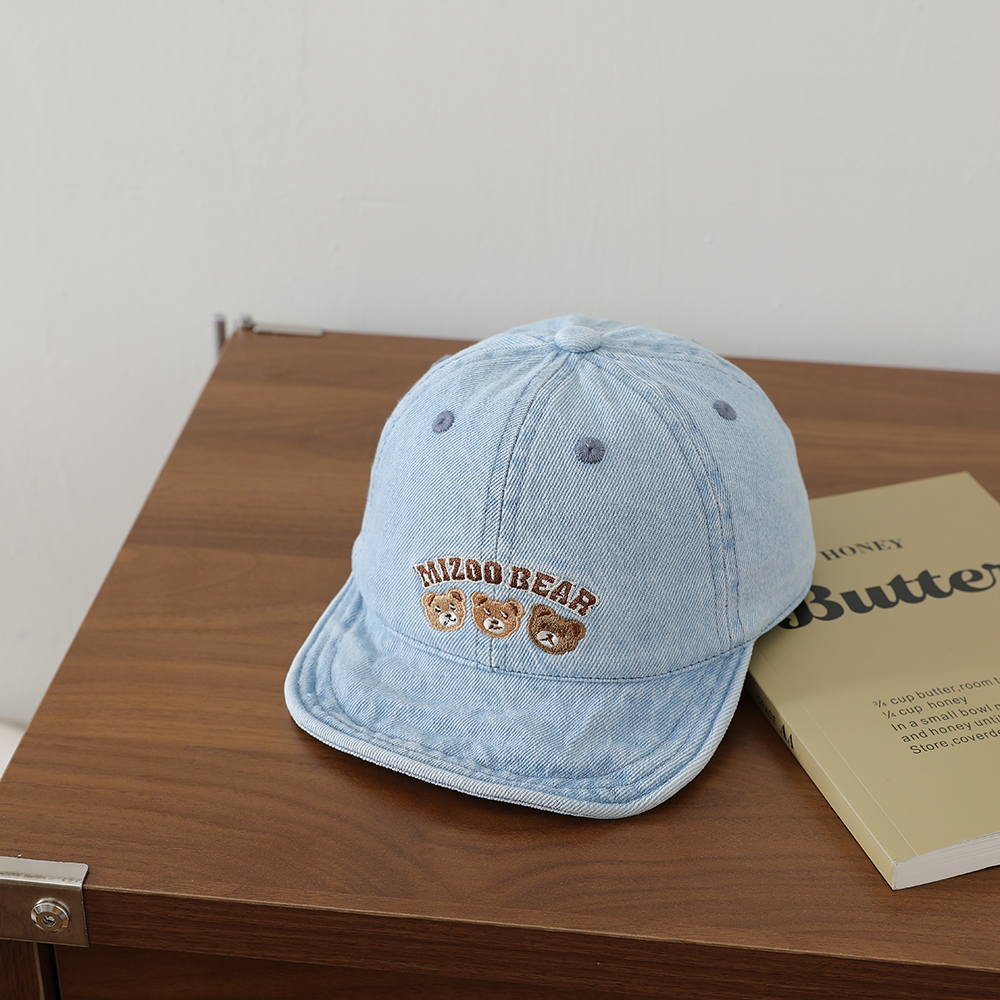 Baby Water Washed Denim Retro Beanie With Bear Embroidery And Soft Brim. Spring Autumn Outdoor Breathable Baseball Cap photo 2