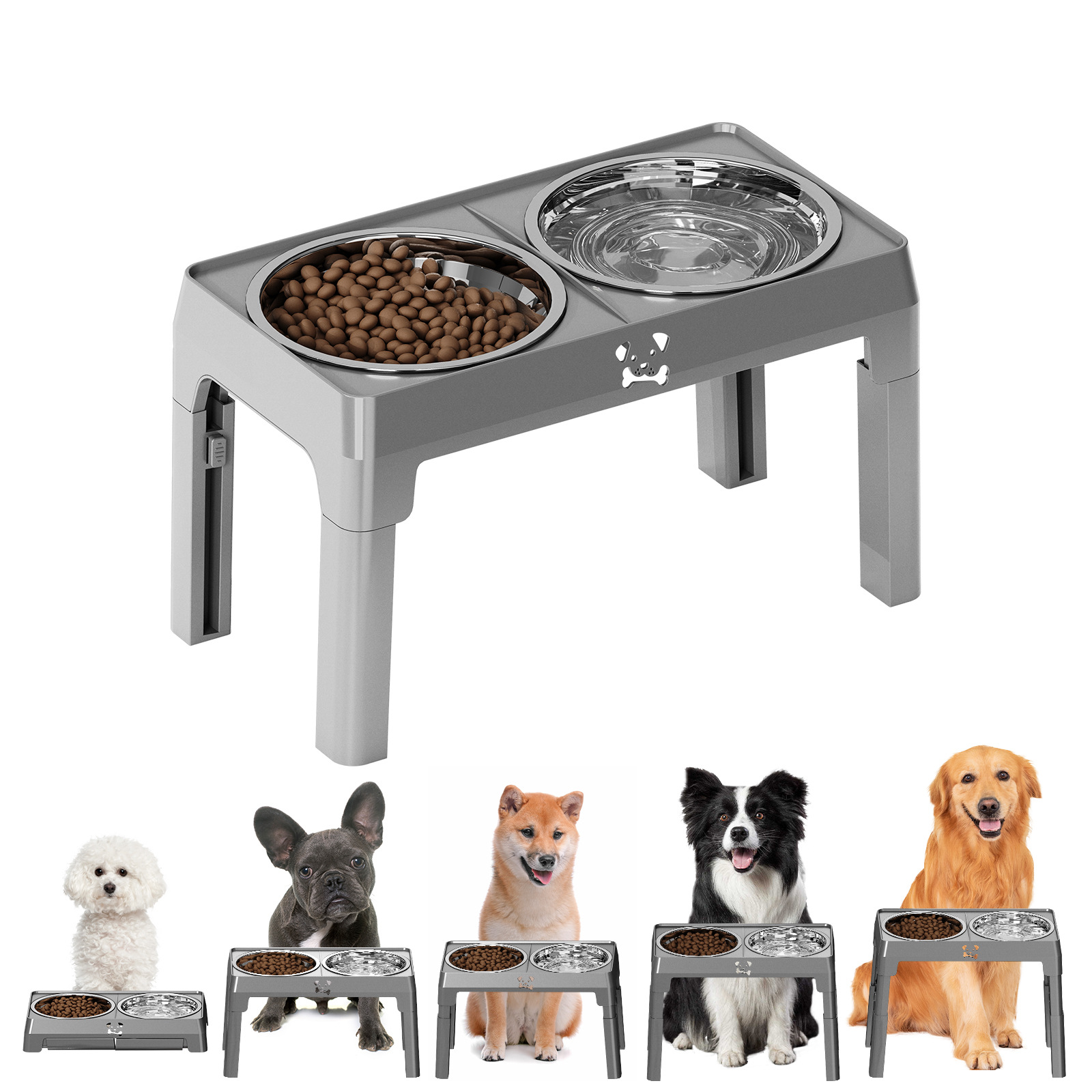 Elevated Dog Bowl 2 Stainless Steel Bowls, 5 Height Adjustable Stands Pet Medium And Large Dog Bowl Improves Digestion And Neck Support, Easy To Clean photo 3