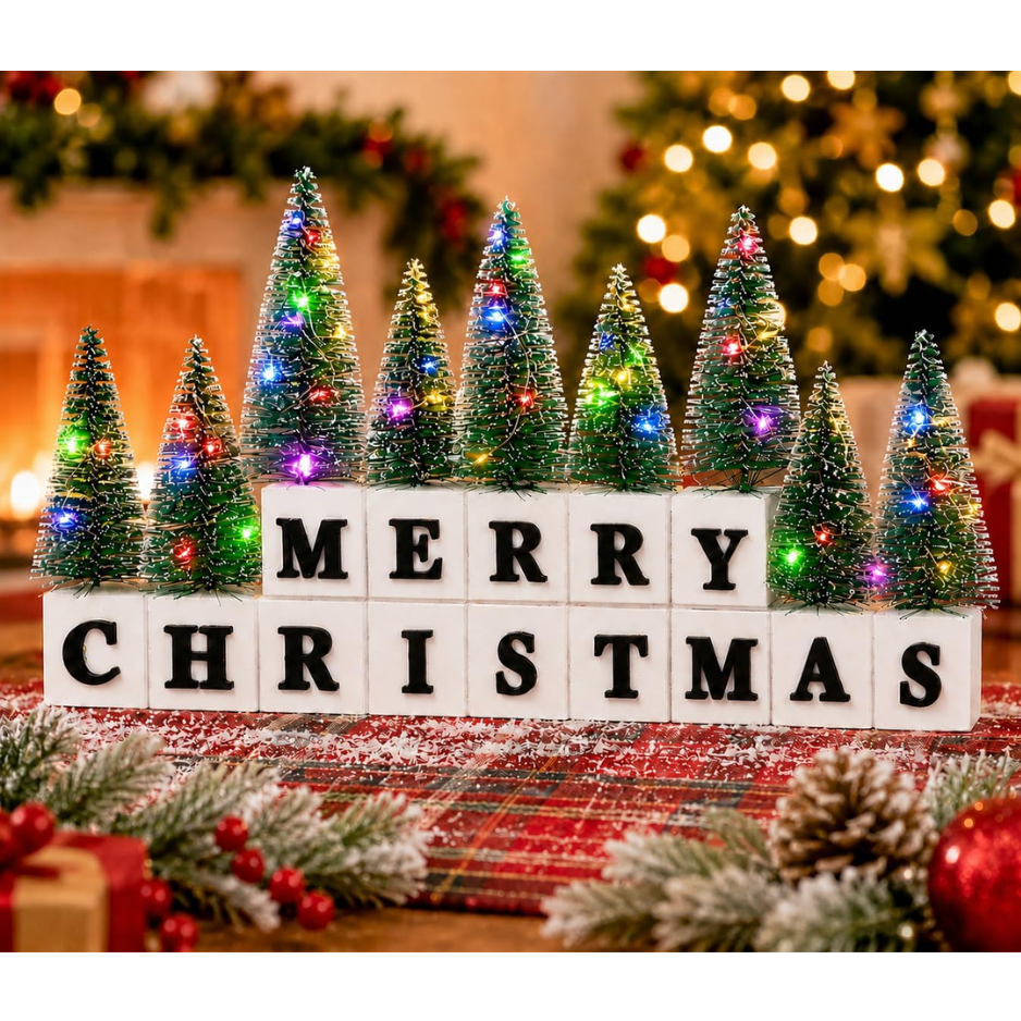 Christmas Table Decor With Multicolor Lighted Mini Trees And 3D Letters Wooden Christmas Sign For Mantel, Shelf, Fireplace, Entryway, Rustic Farmhouse photo 4