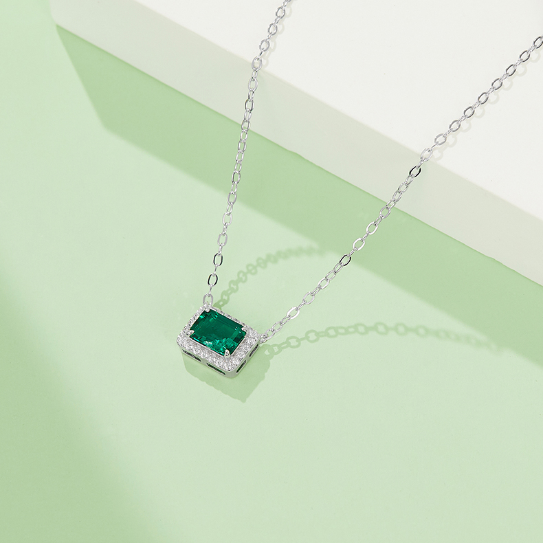 S925 Silver 2.4g 0.9ct Lab-Created Emerald Necklace, 7x5mm Halo Pendant, 40&5cm photo 3