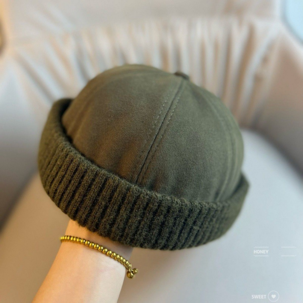 Patchwork Knitted Rolled-edge Vegetable-pulp Hat For Autumn And Winter, Made Of Cotton, With A Retro And Simple Design, Suitable For Workwear, Without A Brim, For A Lord-like Look photo 5
