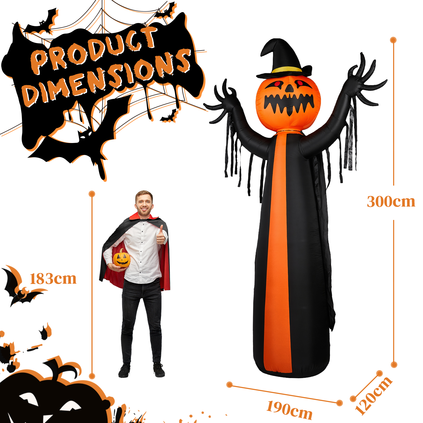 10ft Inflatable Halloween Decor With Rotatable Head Pumpkin Ghost In Cape,6 Built-in LED Lights,Black & Orange,12V 2000mA US Power Adapter photo 2