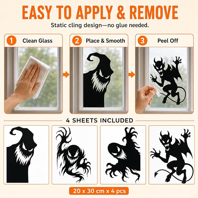 4-Sheet Halloween Spooky Monster Window Clings Stickers For Indoor And Outdoor Party Decorations photo 2