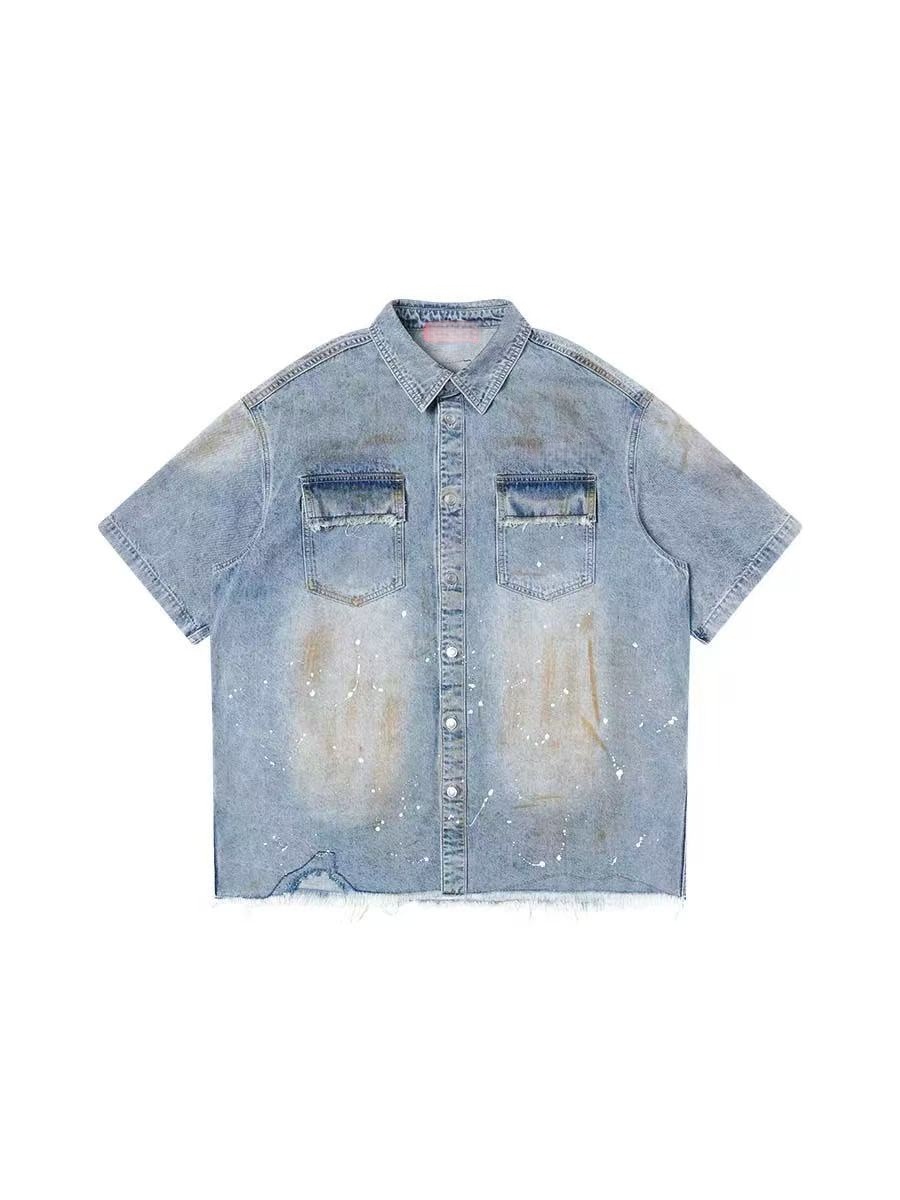 Oversized Denim Shirt Men Vintage Distressed Short Sleeve Streetwear Jean Top Ready To Ship From US photo 7