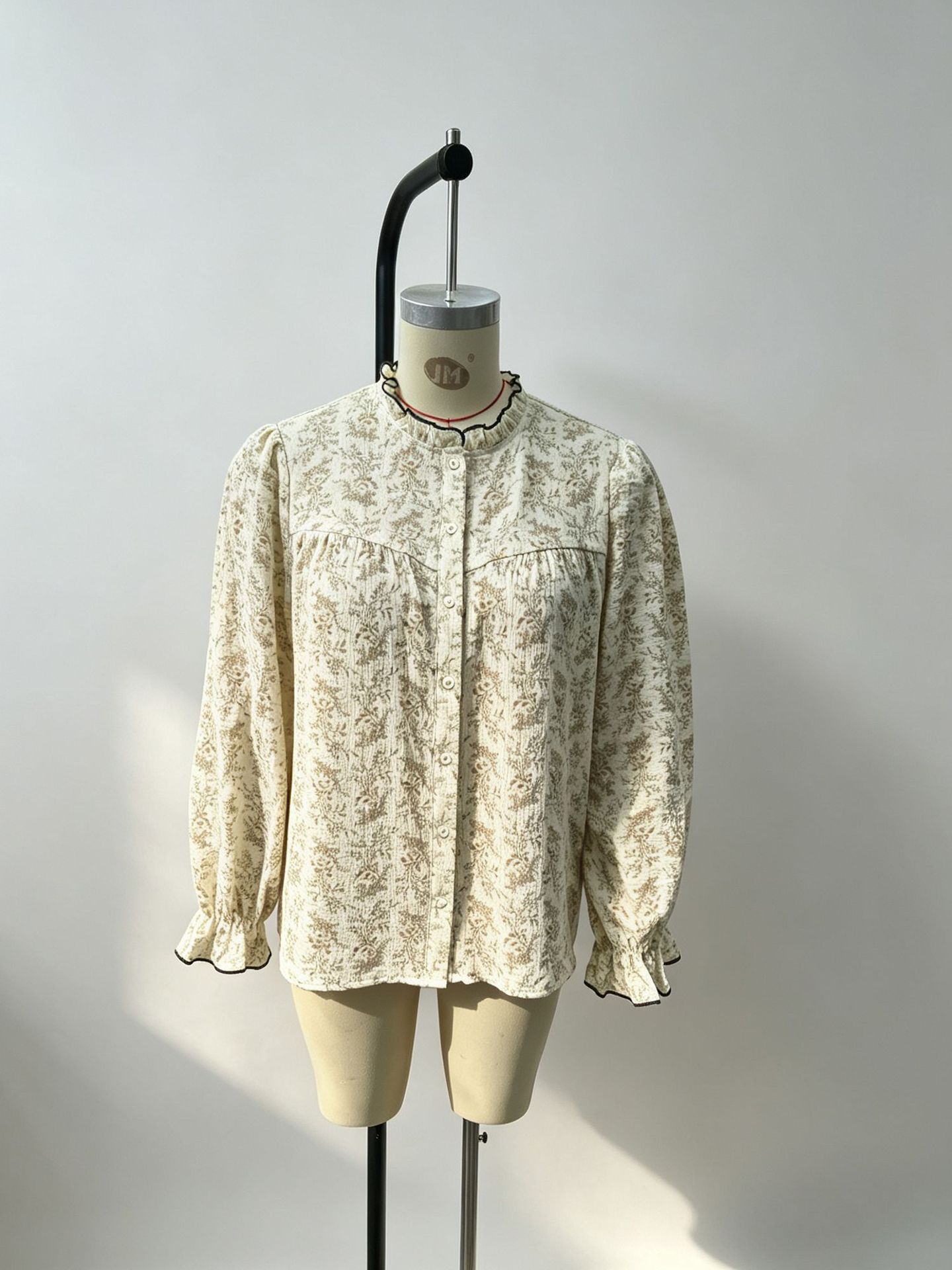 New Cross-border Autumn French-style Ruffled Shirt With Stand-up Collar, Puffy Long Sleeves, Loose Fit, Floral Print, Pure Cotton Women's Top photo 2