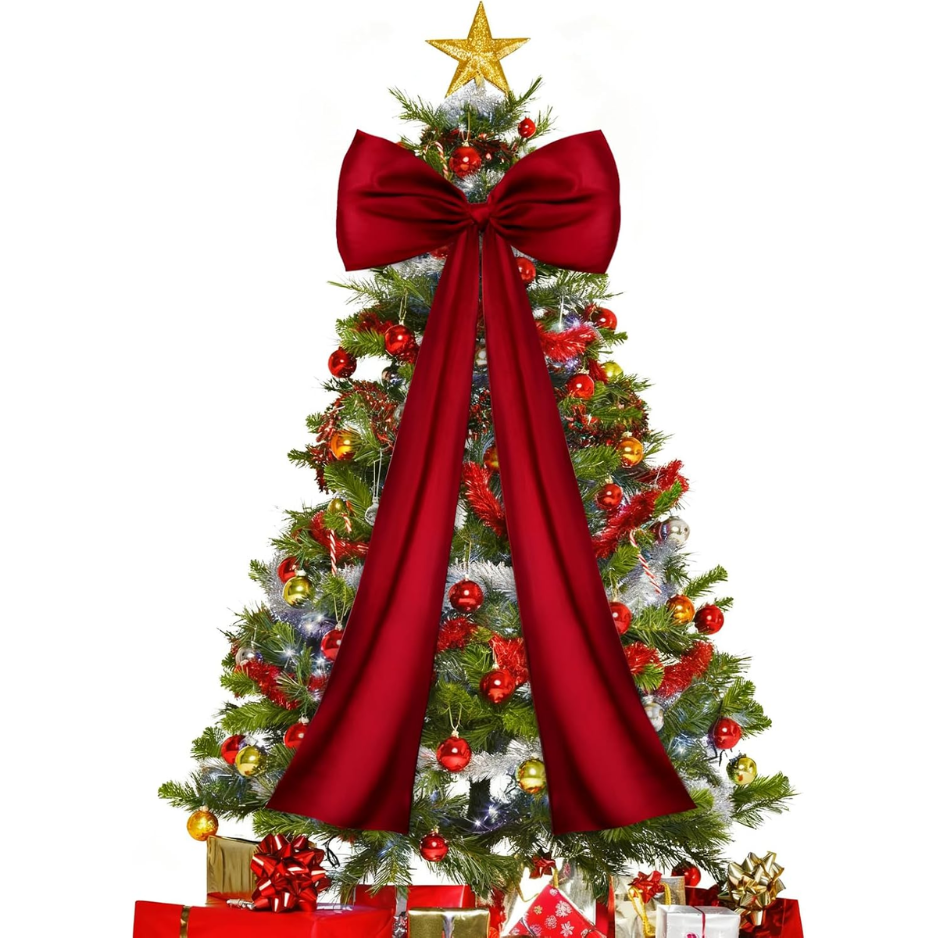Large Wine Red Satin Christmas Tree Topper Bow, Elegant Holiday Decor photo 1