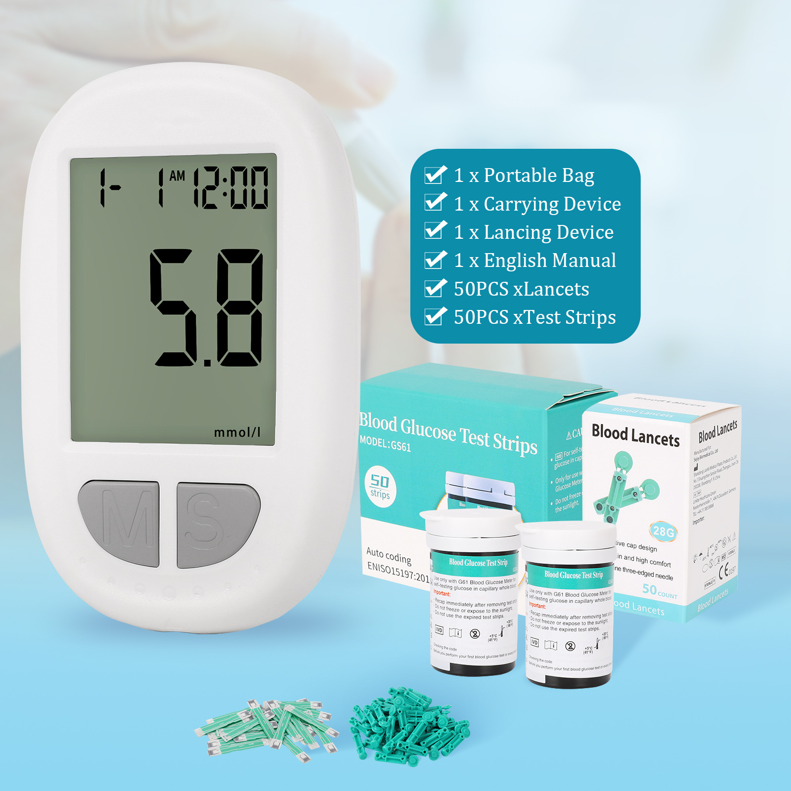 Portable Blood Glucose Meter Kit - Auto Coding, Fast 10s Results, Includes 50 Test Strips & 50 Lancets photo 2