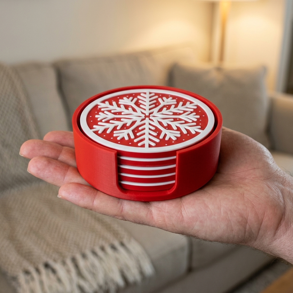 3D Printed Christmas Snowflake Coaster Set With Storage Holder, Holiday Drink Coasters For Home Table Decor photo 3