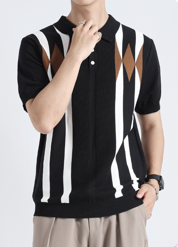 Cross-Border Old Money Style Men's Diamond-Patterned Ice Silk Knit Polo Shirt, Men's Color-Blocking Casual Polo T-Shirt Wholesale photo 5