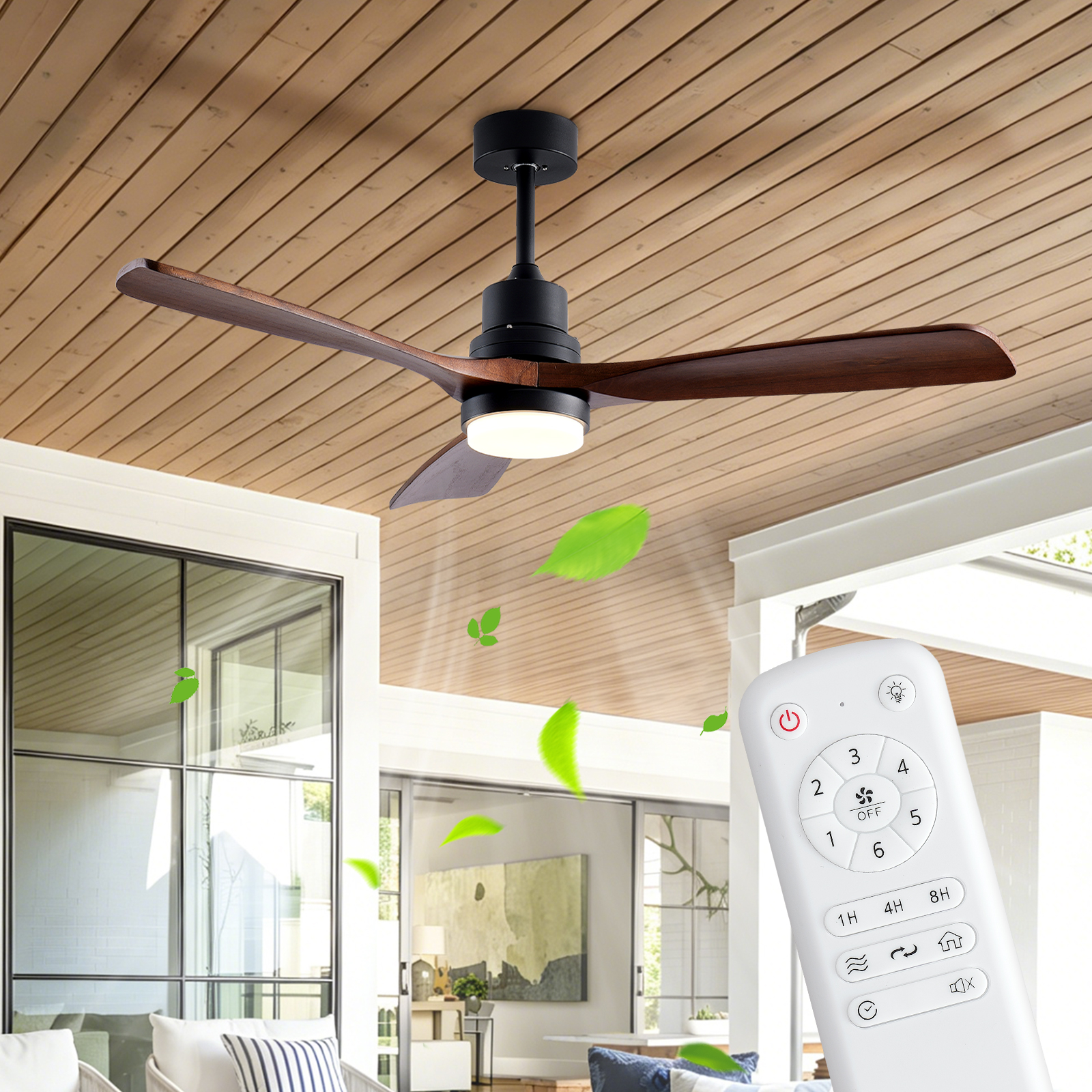 52" Wooden Ceiling Fans with Lighted Remote Control, Indoor Outdoor Wooden Ceiling Fan, Outdoor Modern Ceiling Fan with 3 Fan Blades for Patio, Living Room, Farmhouse, etc (Black + Walnut) photo 1