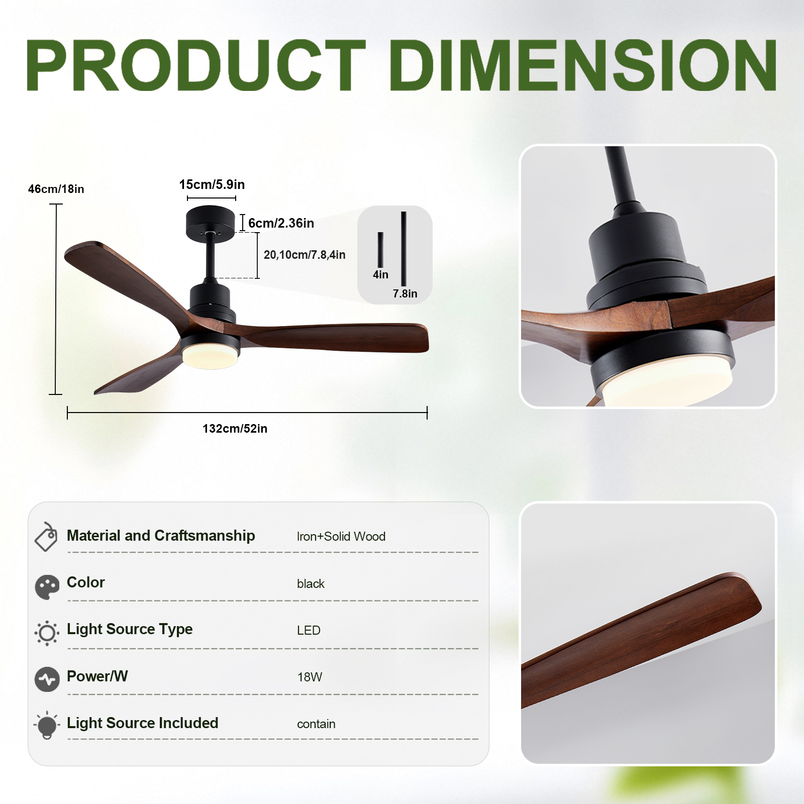 52" Wooden Ceiling Fans with Lighted Remote Control, Indoor Outdoor Wooden Ceiling Fan, Outdoor Modern Ceiling Fan with 3 Fan Blades for Patio, Living Room, Farmhouse, etc (Black + Walnut) photo 8