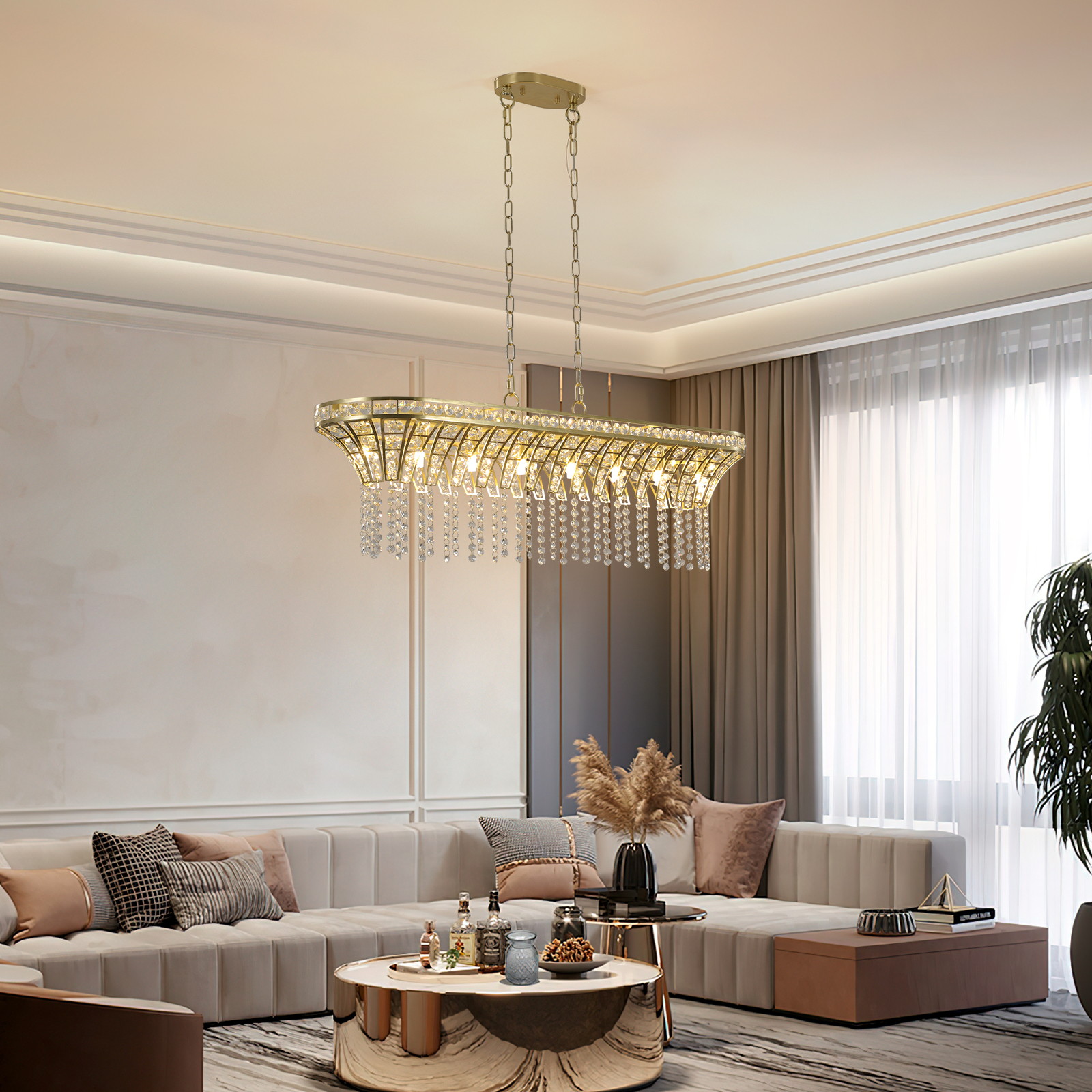 39" Modern Crystal Linear Rectangle Chandelier with Gold Finish, Elegant Pendant Light with Cascading Beads, for Dining Room, Living Room, or Foyer (Bulb Not Included) photo 8