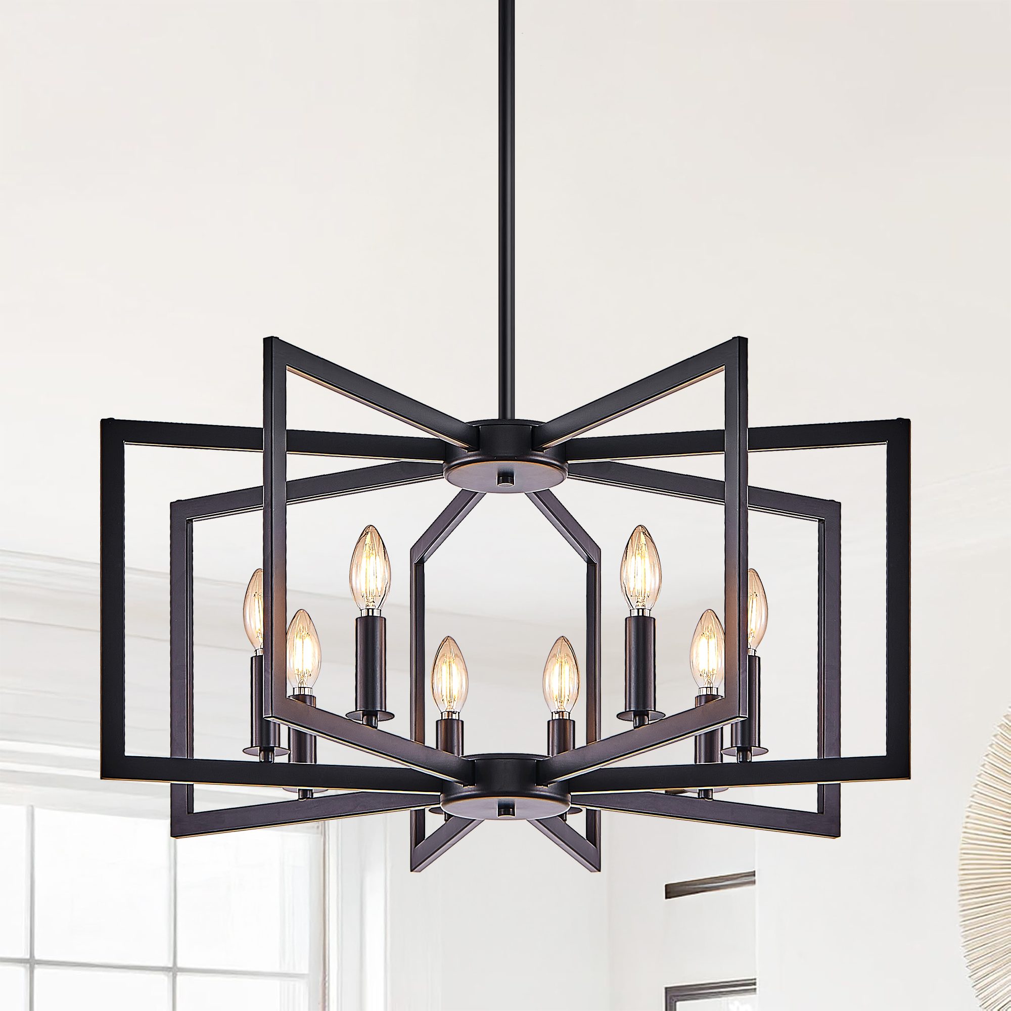 27" Modern Black Geometric 8-Light Chandelier – Industrial Metal Pendant Light Fixture for Living Room, Dining Room, or Kitchen (Bulb Not Included) photo 1