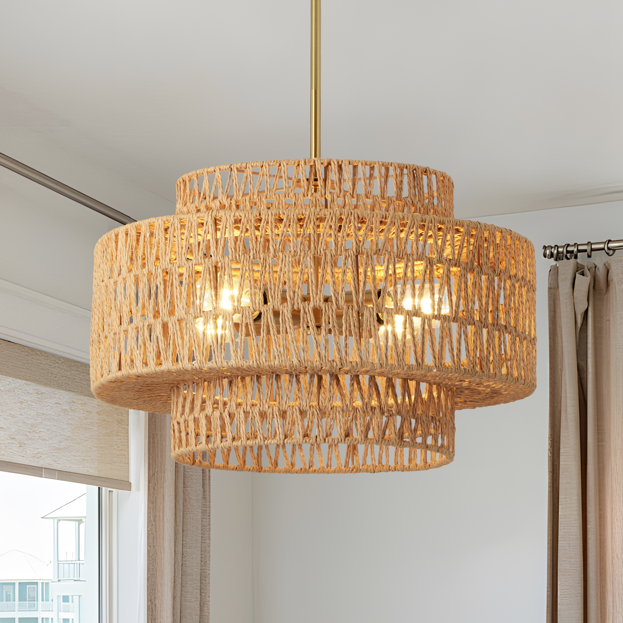 17.7" Boho Rattan Chandelier for Dining Room Light Fixture, 4-Light Hand Woven Wicker Pendant Light Fixture, Farmhouse Rustic Hanging Chandelier for Dining Room, Kitchen Island, Living, Bedroom photo 1