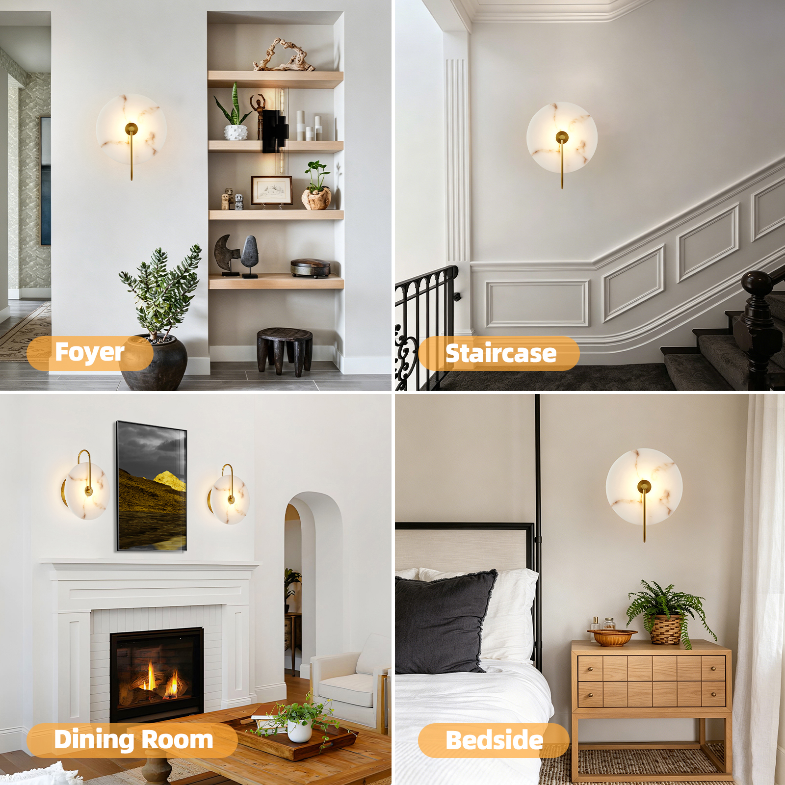 Round Alabaster Wall Sconce, Natural Marble Lampshade Wall Sconce, Hardwired Circular Sconce LED Modern Wall Lamp for Bedroom, Stairs, Living Room, Bedside, Hallway 9.8 Inch Gold photo 4