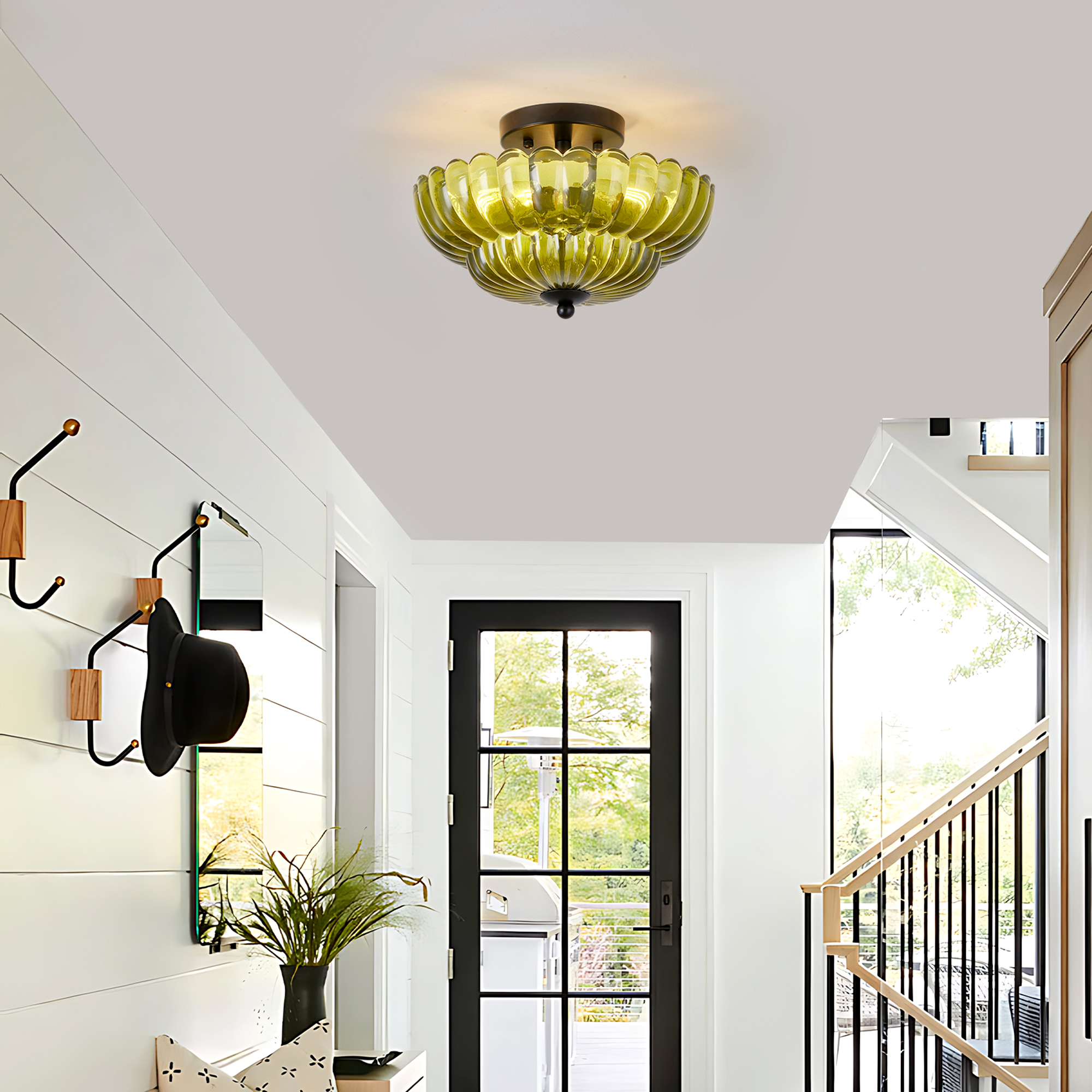 Semi Flush Mount Ceiling Light, Green Glass Ceiling Light Fixture, 3-Bulb Modern Black Close to Ceiling Light, Vintage Glass Ceiling Lights for Bedroom Kitchen Living Room, Bulb Not Included photo 2