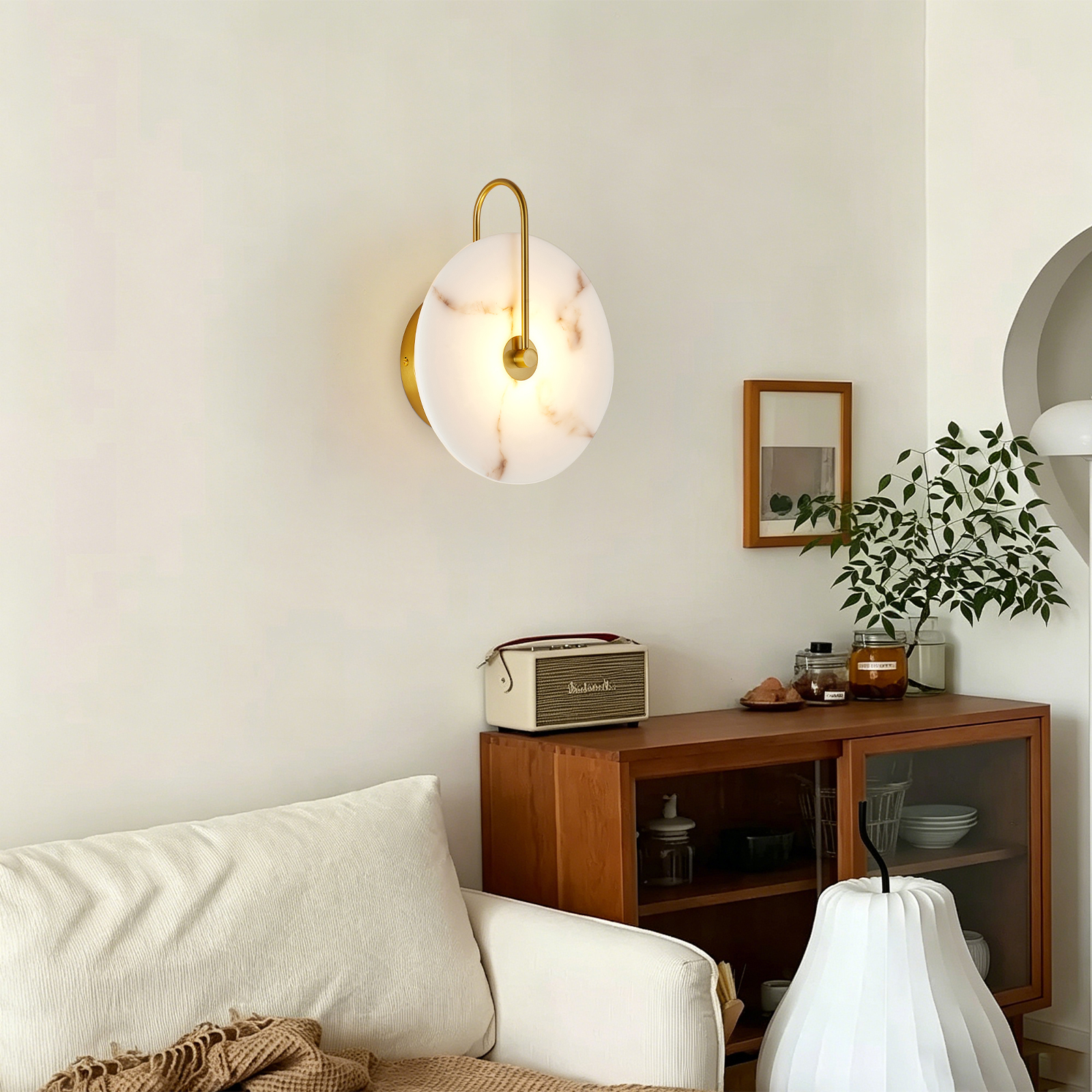 Round Alabaster Wall Sconce, Natural Marble Lampshade Wall Sconce, Hardwired Circular Sconce LED Modern Wall Lamp for Bedroom, Stairs, Living Room, Bedside, Hallway 9.8 Inch Gold photo 2
