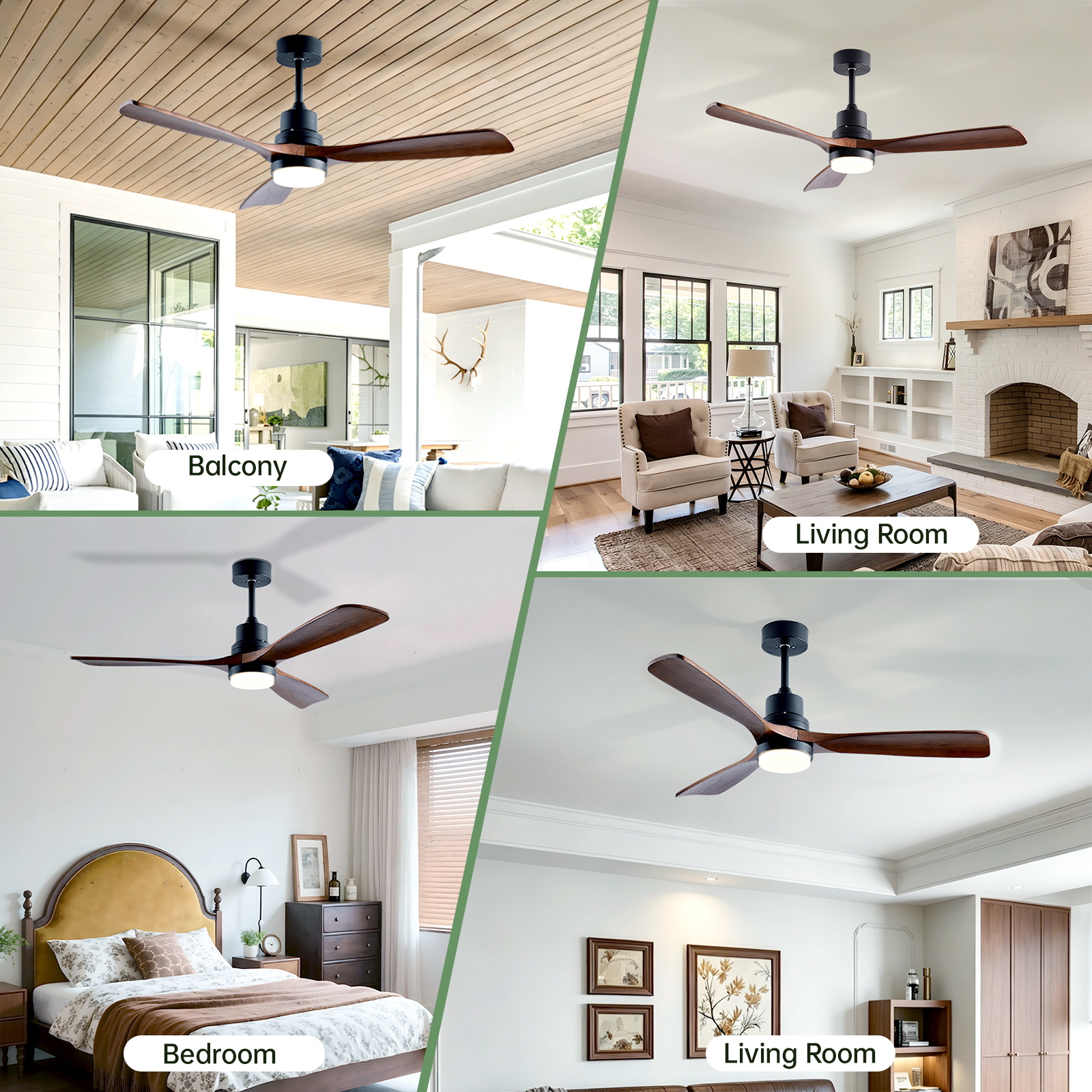 52" Wooden Ceiling Fans with Lighted Remote Control, Indoor Outdoor Wooden Ceiling Fan, Outdoor Modern Ceiling Fan with 3 Fan Blades for Patio, Living Room, Farmhouse, etc (Black + Walnut) photo 6