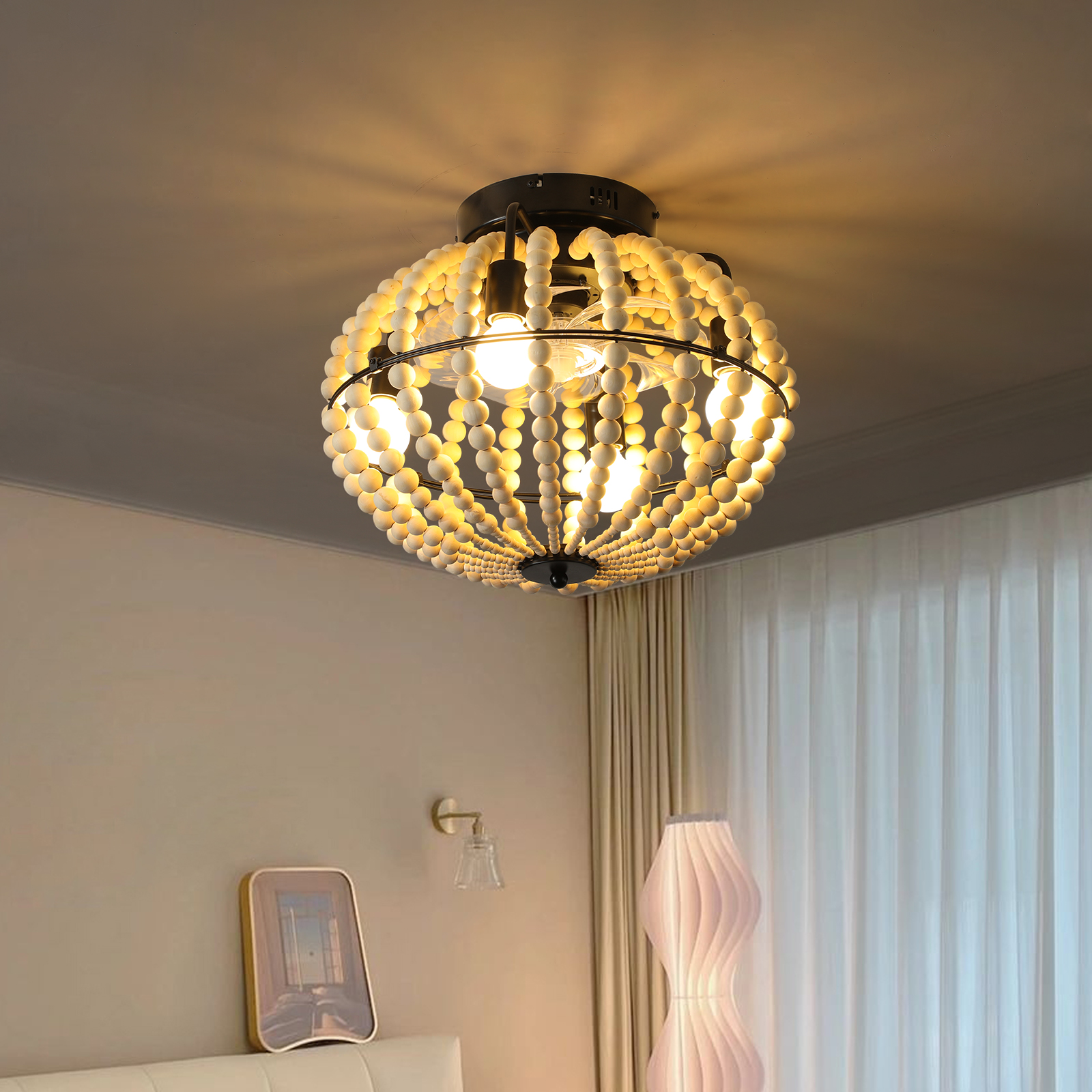18" Bohemian Wood Beaded Ceiling Fan with Light, Flush Mount Caged Ceiling Fan, Rustic Farmhouse Low Profile Fan Light Fixture for Indoor Home Decor (Silent/6-Speed/Reversible/DC Motor) (No Bulbs) photo 1
