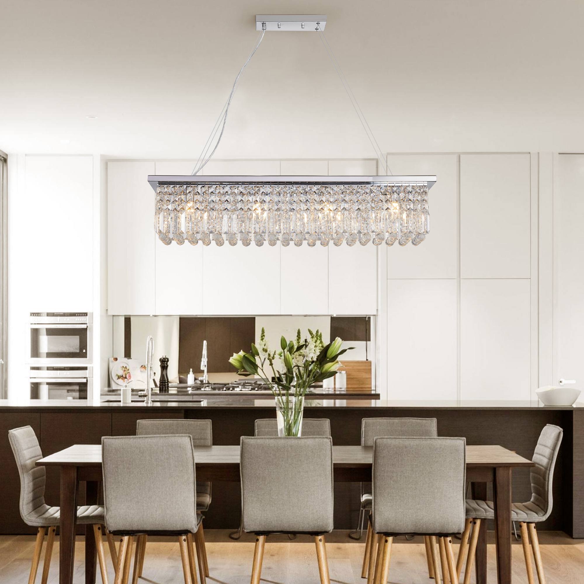 Modern Crystal Chandelier for Dining Room 8-Light White Rectangle Raindrop Chandelier Contemporary Rectangular Pendant Light Fixture for Kitchen Island Bar L39.4'' x W9.8'' x H8.7'(Bulb Not Included) photo 6