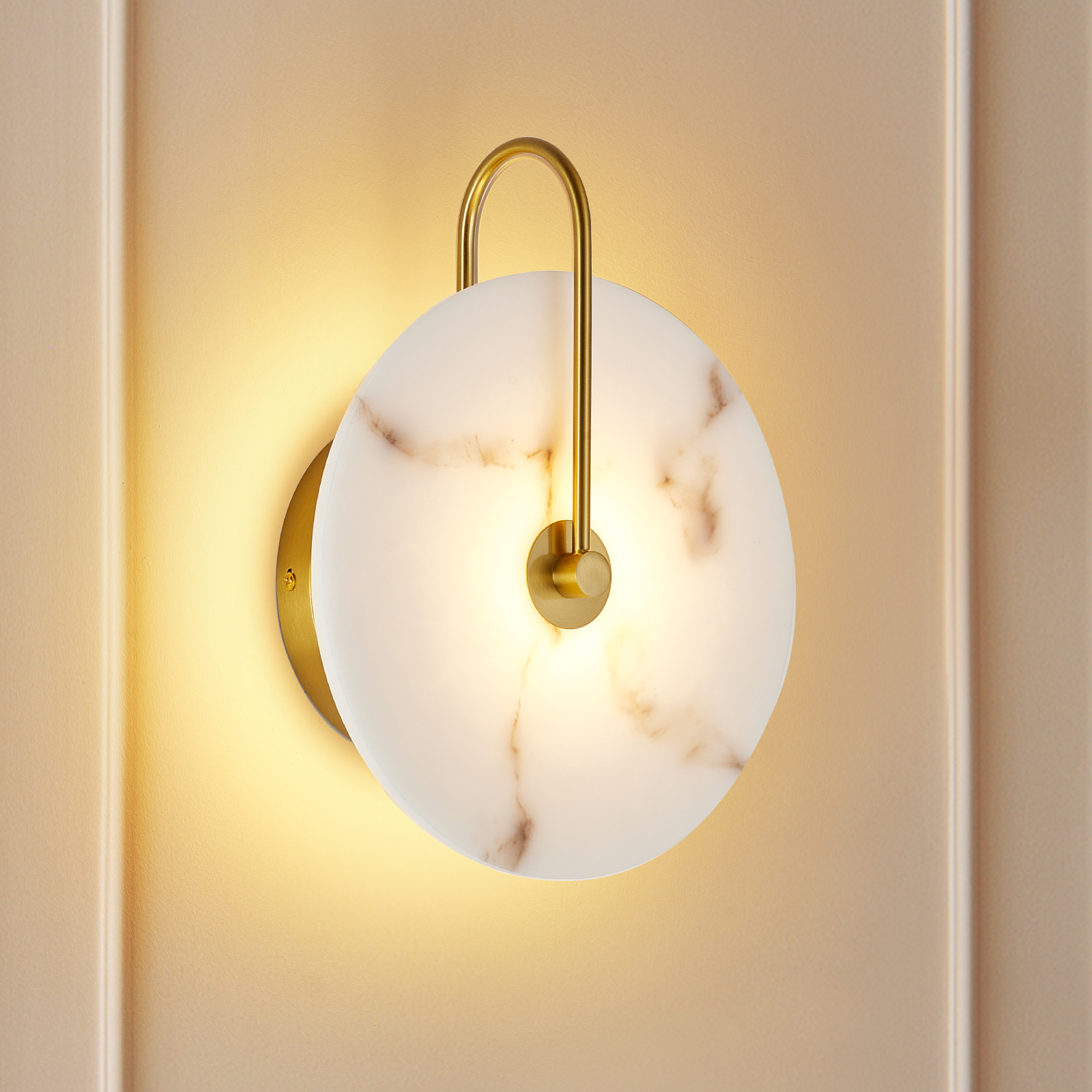 Round Alabaster Wall Sconce, Natural Marble Lampshade Wall Sconce, Hardwired Circular Sconce LED Modern Wall Lamp for Bedroom, Stairs, Living Room, Bedside, Hallway 9.8 Inch Gold photo 5