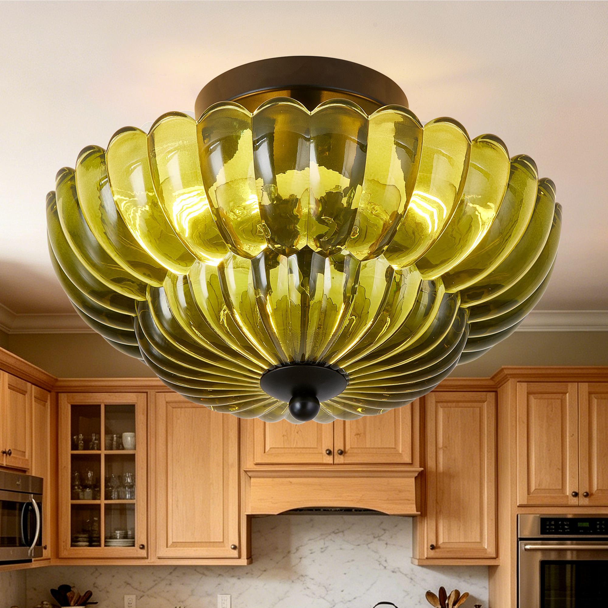Semi Flush Mount Ceiling Light, Green Glass Ceiling Light Fixture, 3-Bulb Modern Black Close to Ceiling Light, Vintage Glass Ceiling Lights for Bedroom Kitchen Living Room, Bulb Not Included photo 1