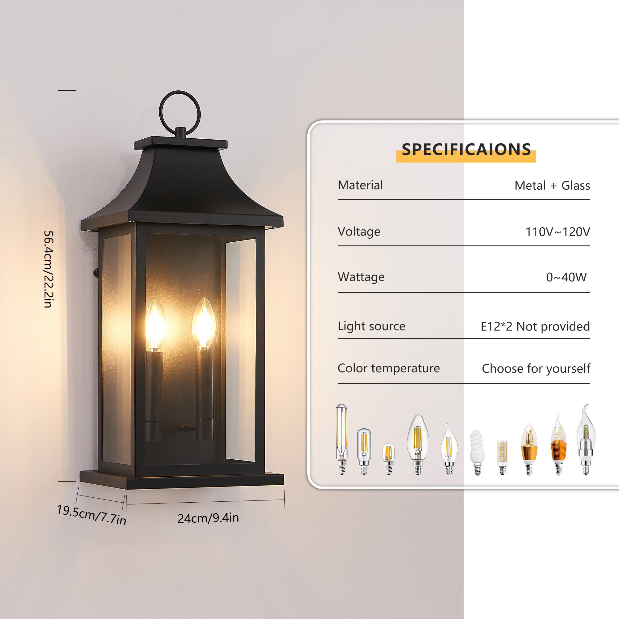 2-Pack Dusk to Dawn Outdoor Wall Lantern 2-Light, 22.2" Large Outside Wall Sconce, Modern Black Wall Light Fixture with Glass, Waterproof Exterior Lamp for House, Porch, Garage photo 5