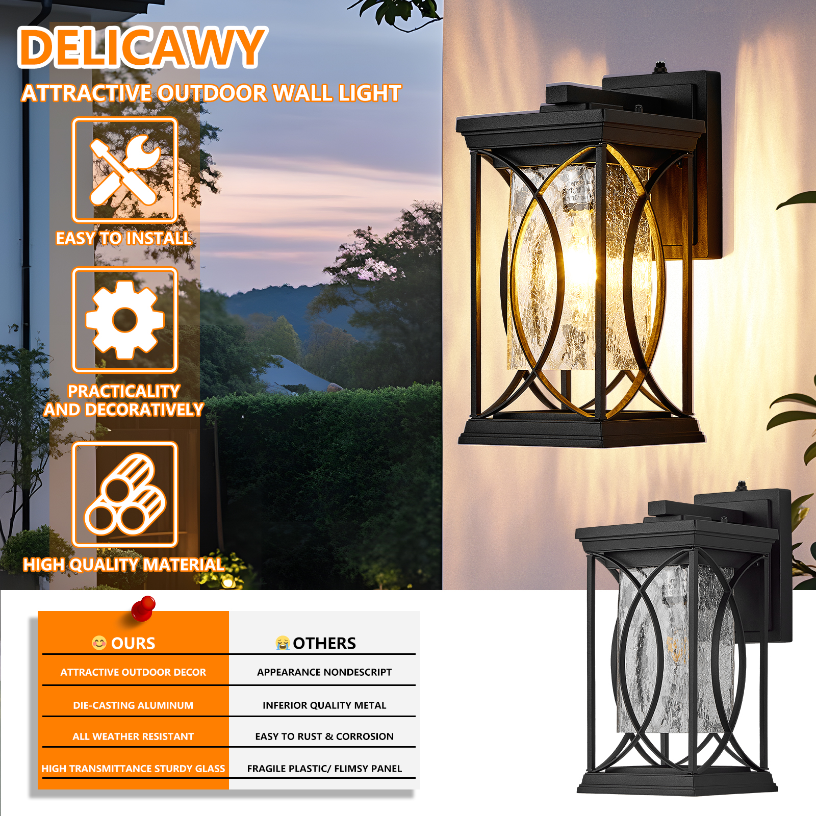 Oil Rubbed Bronze Porch Light Dusk to Dawn Outdoor Wall Lantern Small Modern Exterior Light Fixture Aluminum with Crack-Like Glass IP65 Waterproof Outdoor Sconce Outside Light for House, Front Door photo 5