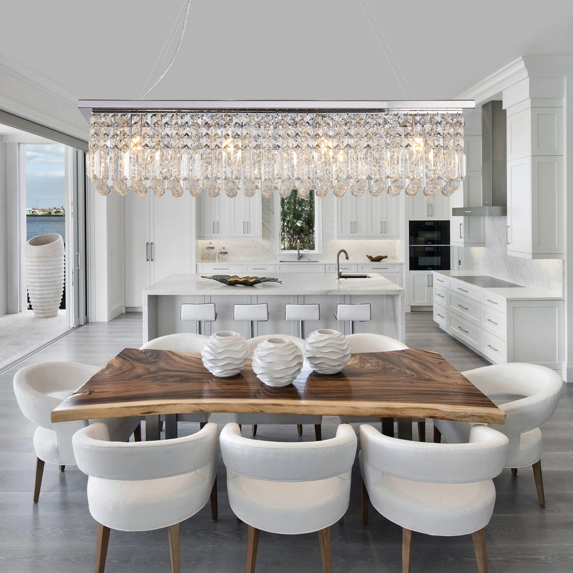 Modern Crystal Chandelier for Dining Room 8-Light White Rectangle Raindrop Chandelier Contemporary Rectangular Pendant Light Fixture for Kitchen Island Bar L39.4'' x W9.8'' x H8.7'(Bulb Not Included) photo 7