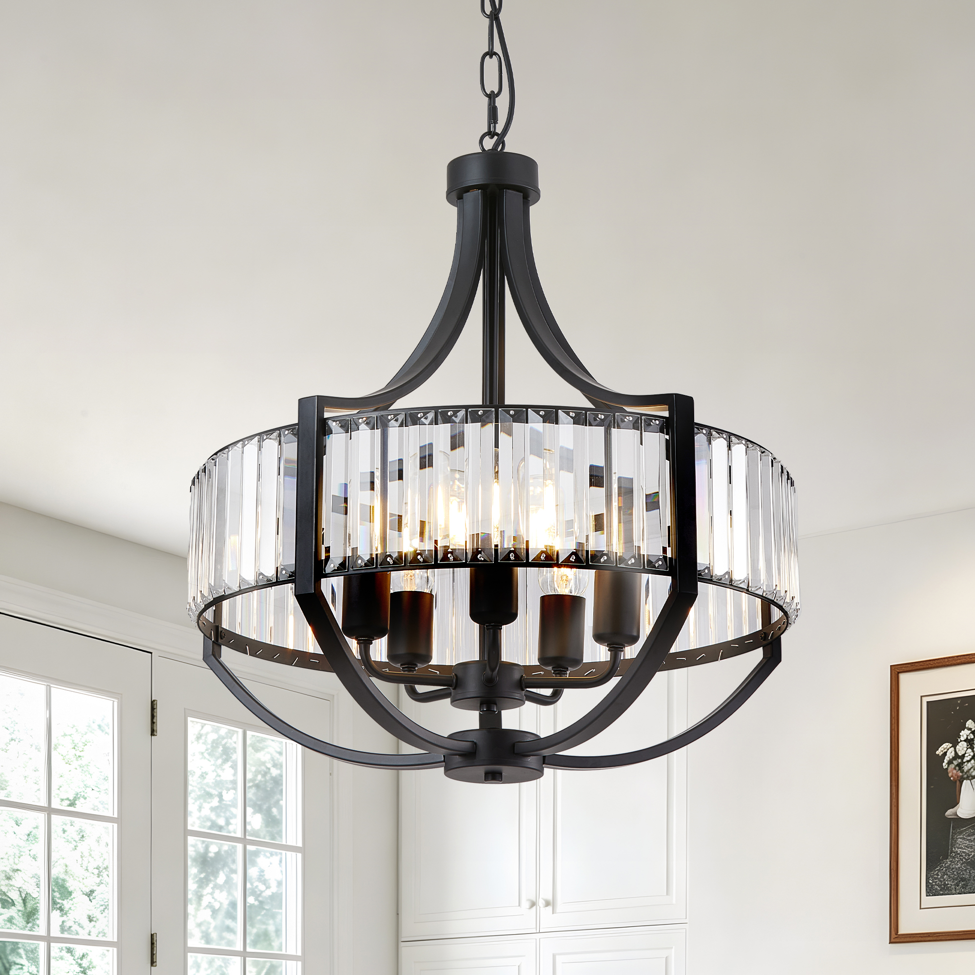 20" Modern Farmhouse Crystal Chandeliers for Dining Room, 5-Light Black Antique Pendant Chandelier, Contemporary Hanging Light Fixture for Living Room Bedroom Foyer Kitchen Island Entryway photo 1