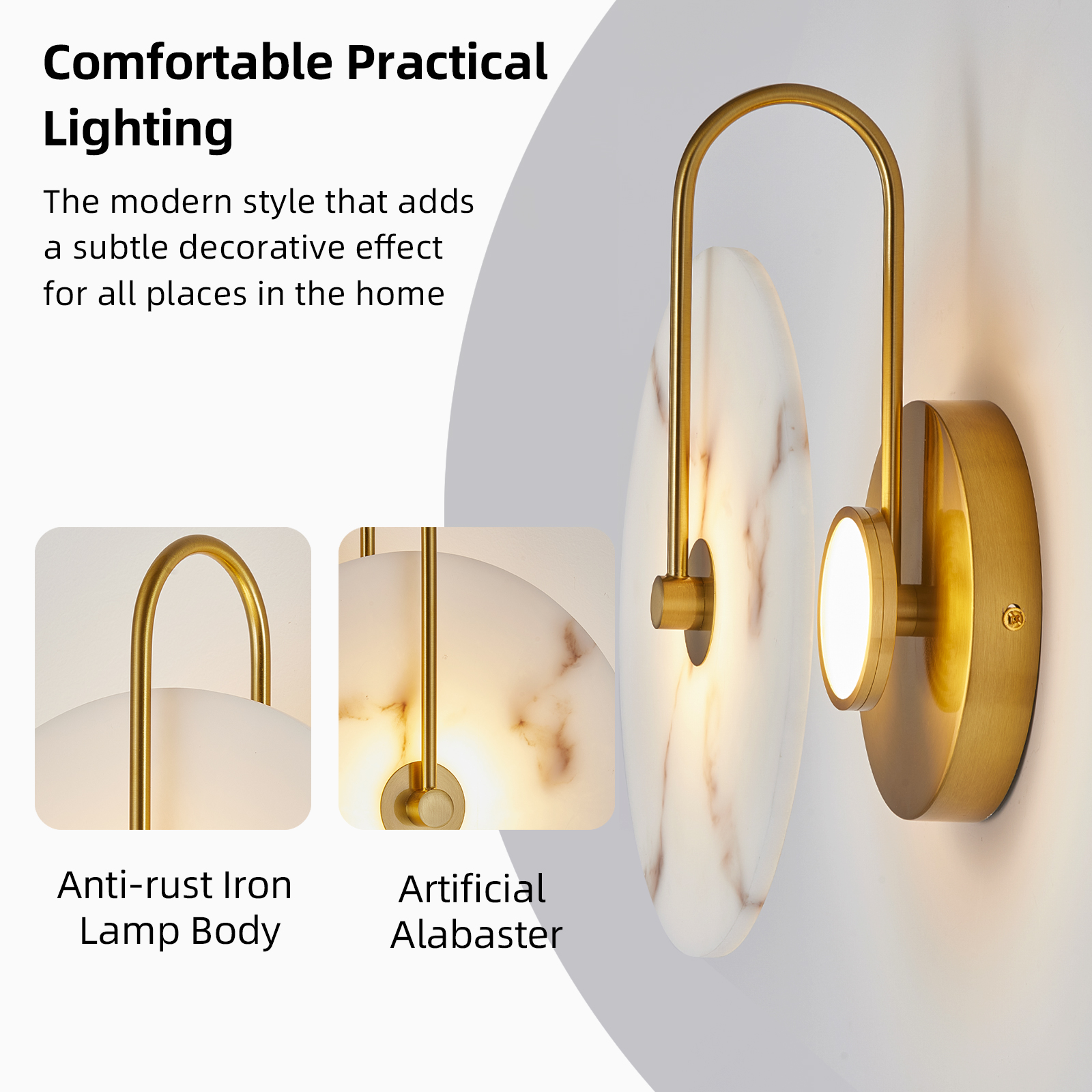 Round Alabaster Wall Sconce, Natural Marble Lampshade Wall Sconce, Hardwired Circular Sconce LED Modern Wall Lamp for Bedroom, Stairs, Living Room, Bedside, Hallway 9.8 Inch Gold photo 8