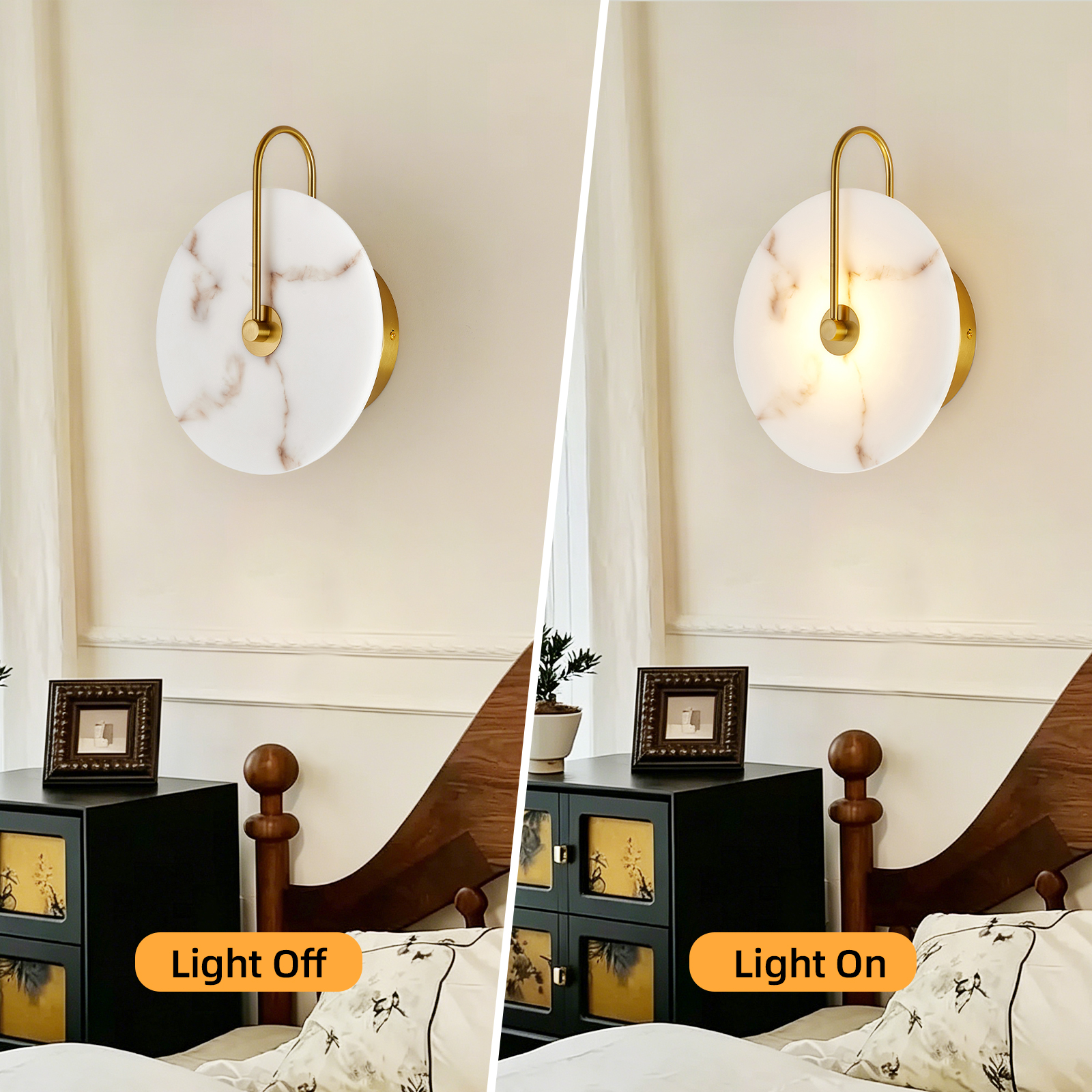 Round Alabaster Wall Sconce, Natural Marble Lampshade Wall Sconce, Hardwired Circular Sconce LED Modern Wall Lamp for Bedroom, Stairs, Living Room, Bedside, Hallway 9.8 Inch Gold photo 3