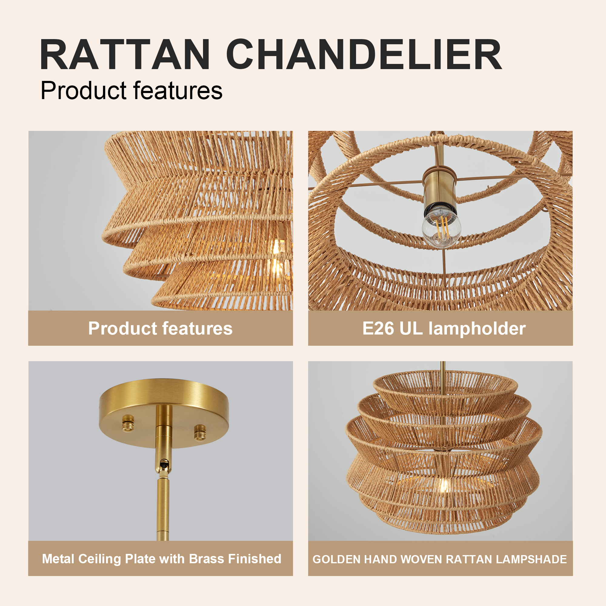17.3" Rattan Pendant Light,Hand-Woven Rustic Wicker Hanging Light Seagrass Ceiling Chandelier,Water Plants Rattan Chandelier for Dining Living Bedroom Kitchen Farmhouse photo 8
