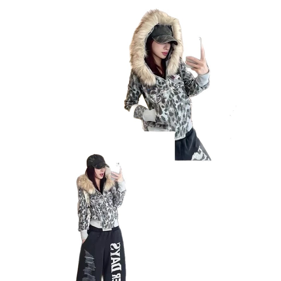 Vintage Leopard-print Fur-collar Patchwork Hooded Sweatshirt Jacket photo 4