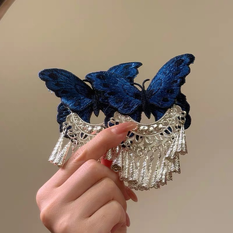 Vintage Blue Butterfly-embroidered Silver-bell Tassel Hair Clip photo 1
