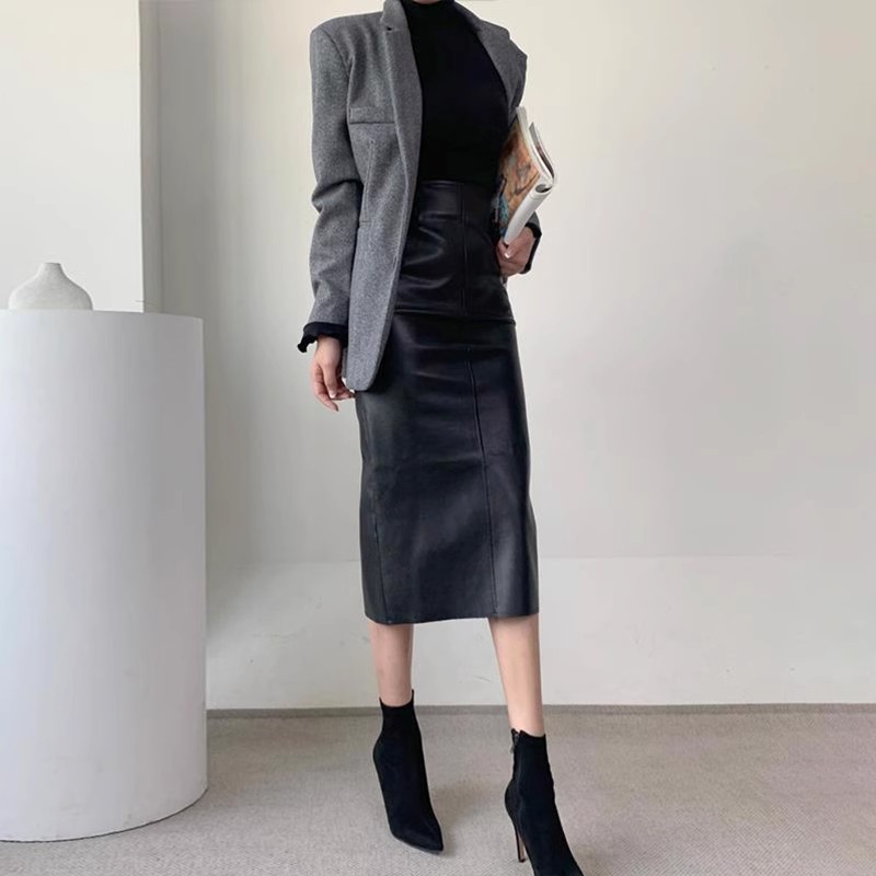 High Waist Straight Back Slit Midi Skirt Drape One-step Hip Skirt photo 3