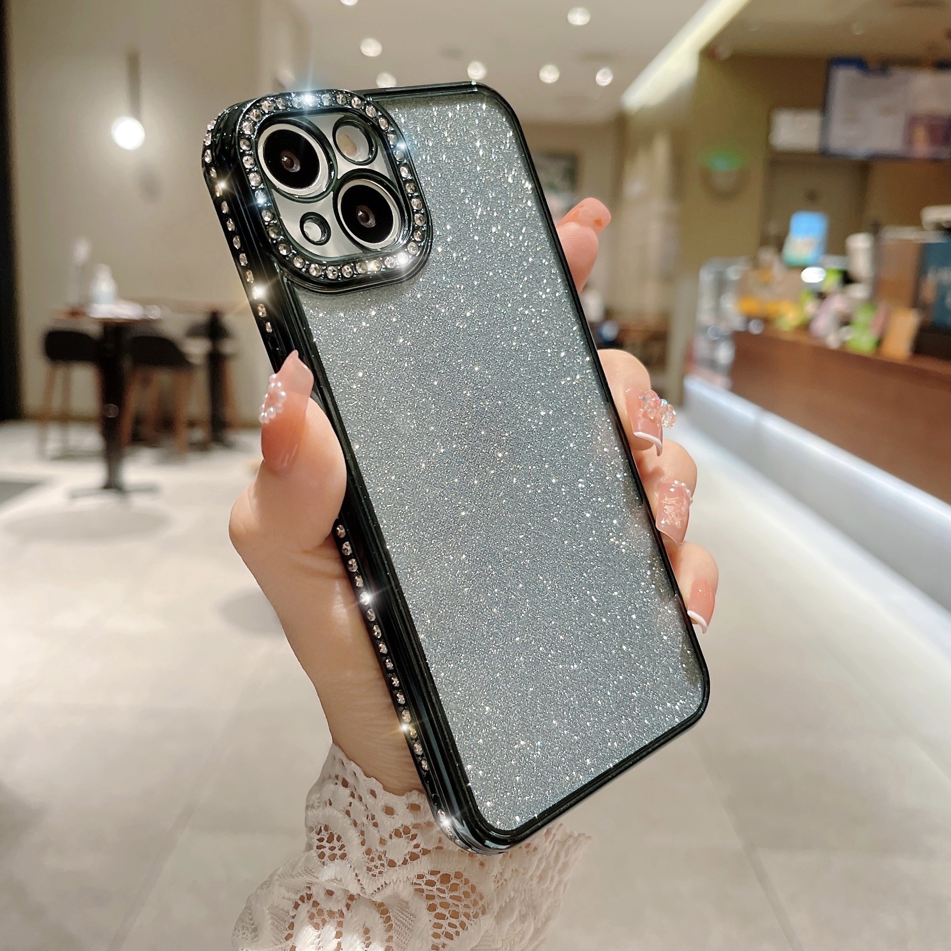 Glitter Rhinestone Electroplated Straight Edge Transparent Drop-resistant Protective Shell photo 2