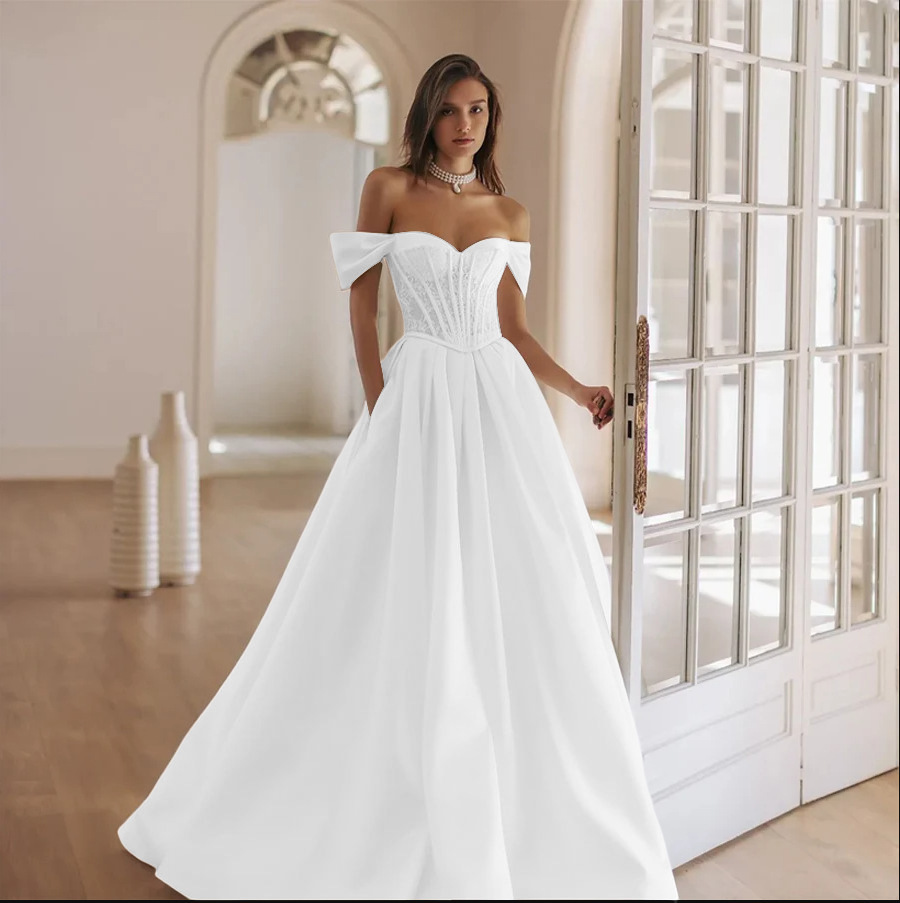 European And American Off-the-shoulder Satin Wedding Dress With Lace For Weddings photo 2