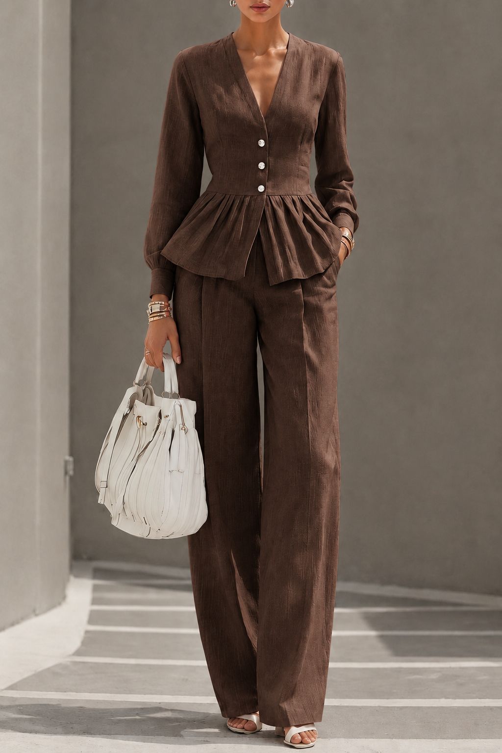 Long-sleeve V-neck Top And Wide-leg Pants Two-piece Set photo 5
