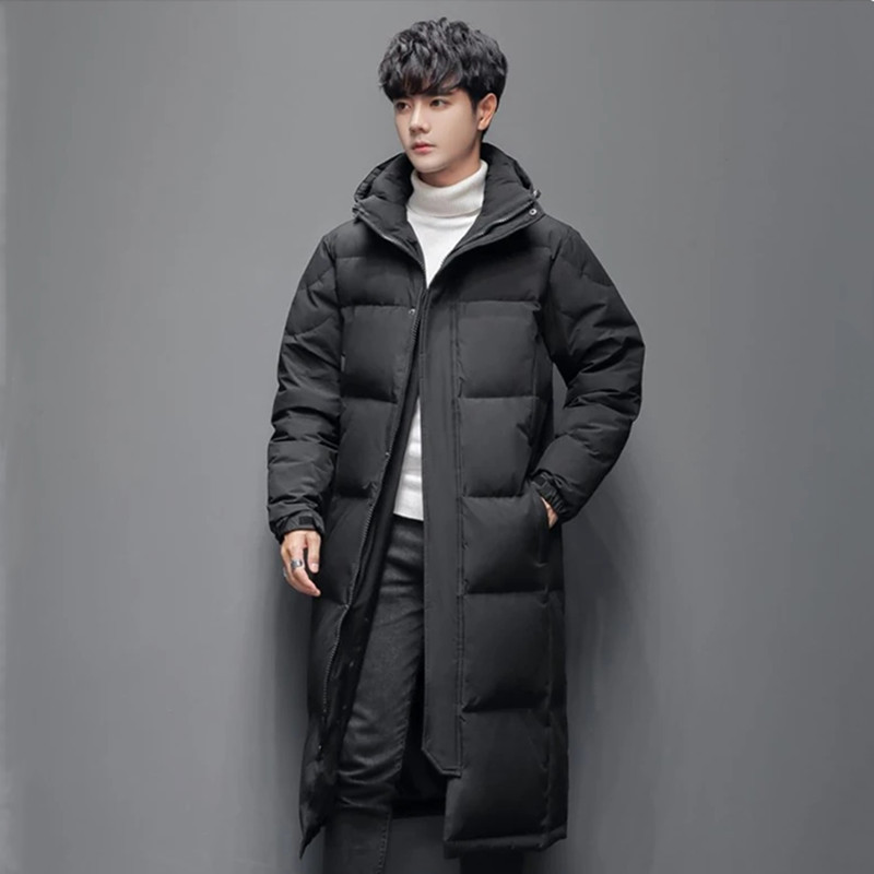 Mens Long Winter White Duck Down Hooded Coat That Goes Below The Knee photo 8