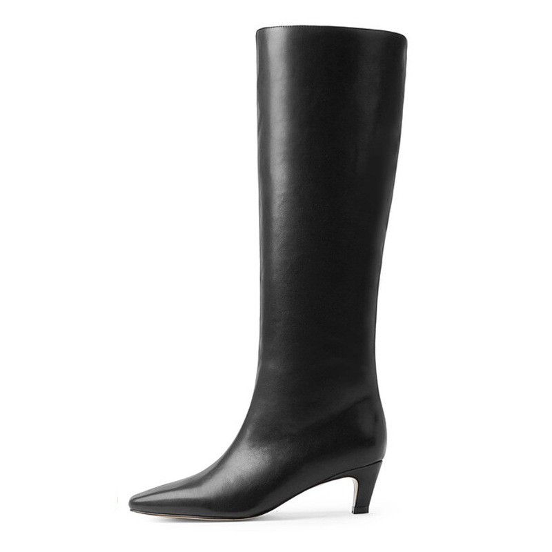 French Minimalist-style Square-toe Kitten-heel Over-the-knee Straight-leg Leather Booties photo 3