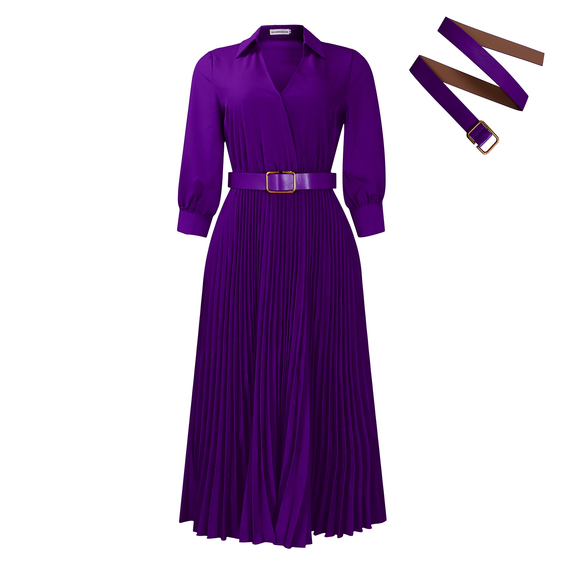 Fashionable V-neck Solid-color Long-sleeved Dress photo 4