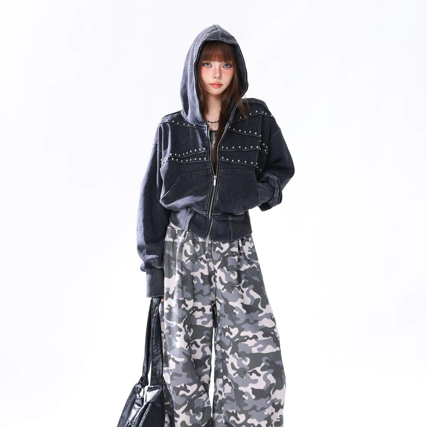 Vintage Distressed Waist-cinched Hooded Sweatshirt Versatile Womens Jacket photo 6