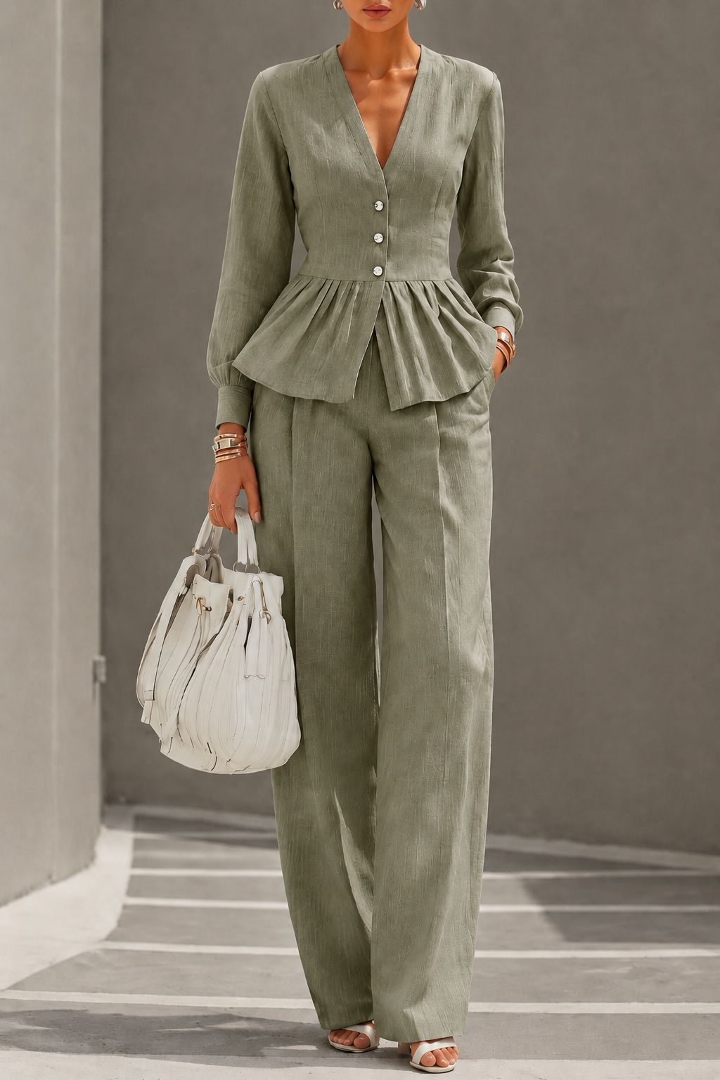 Long-sleeve V-neck Top And Wide-leg Pants Two-piece Set photo 7
