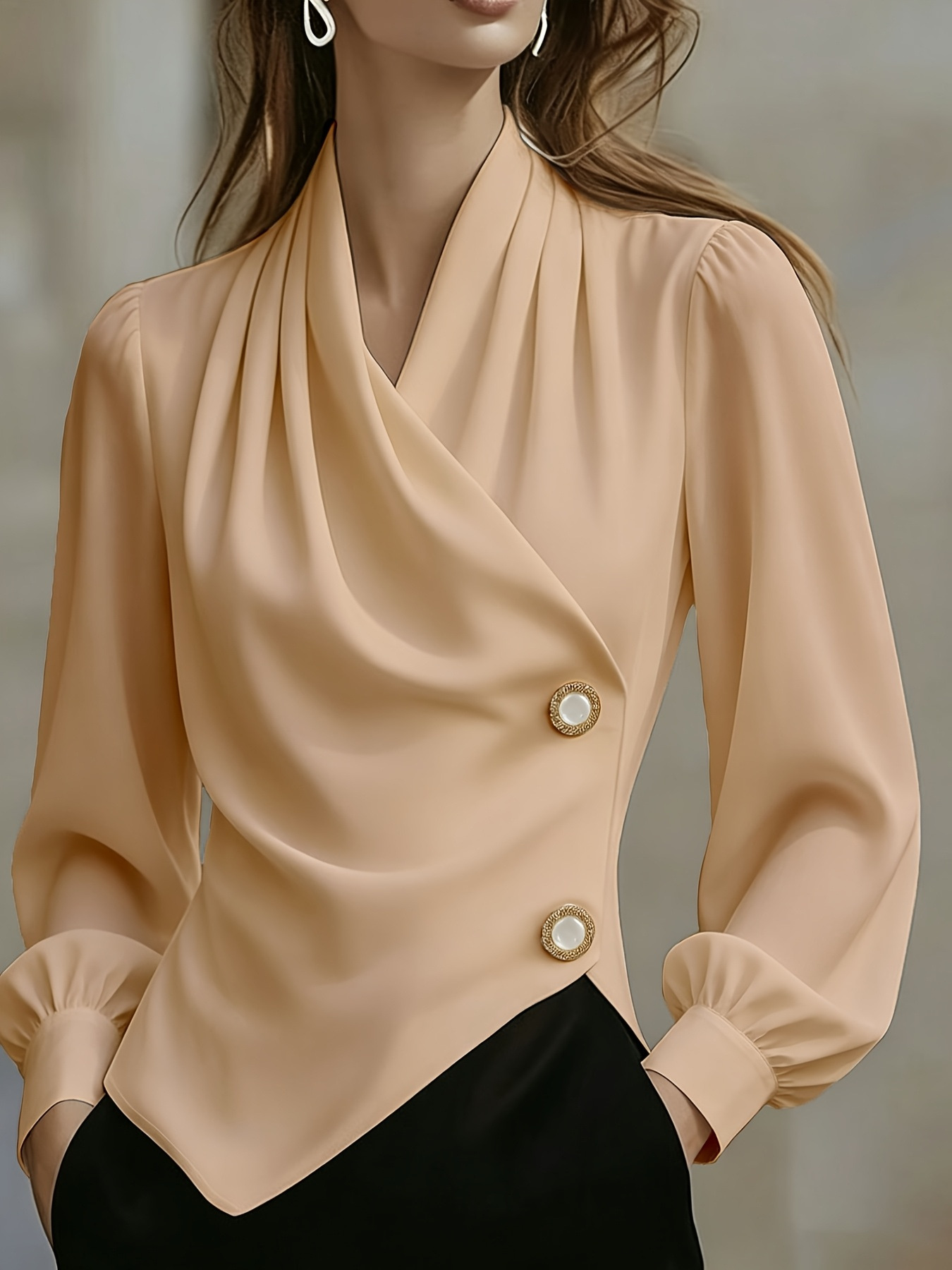 Crossover-collar Waist-cinching Asymmetrical Pearl-buttoned Slimming Versatile Long-sleeve Blouse photo 4