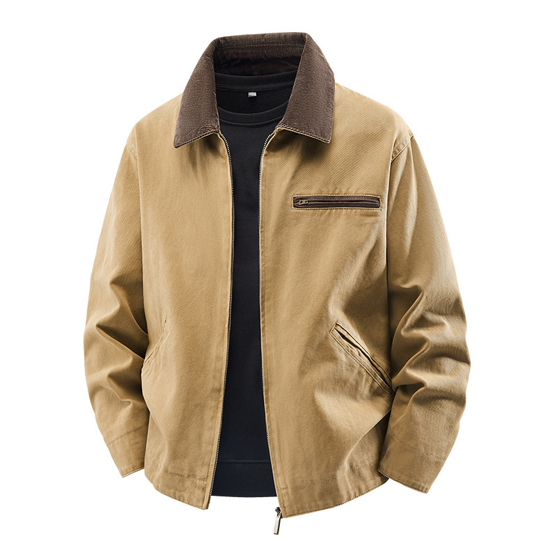 Lightweight Loose-fit Plus-size Washed Work Jacket With A Lapel Collar photo 1