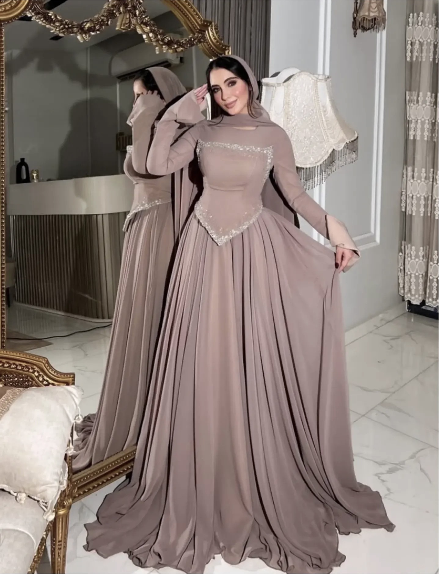 Elegant Long-Sleeve Rhinestone-Embellished Evening Gown photo 2