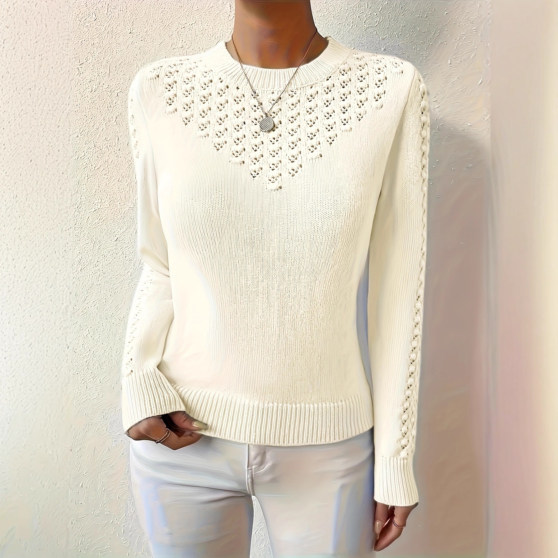 Solid-color Hollow-out Knit Crew-neck Long-sleeve Sweater photo 1