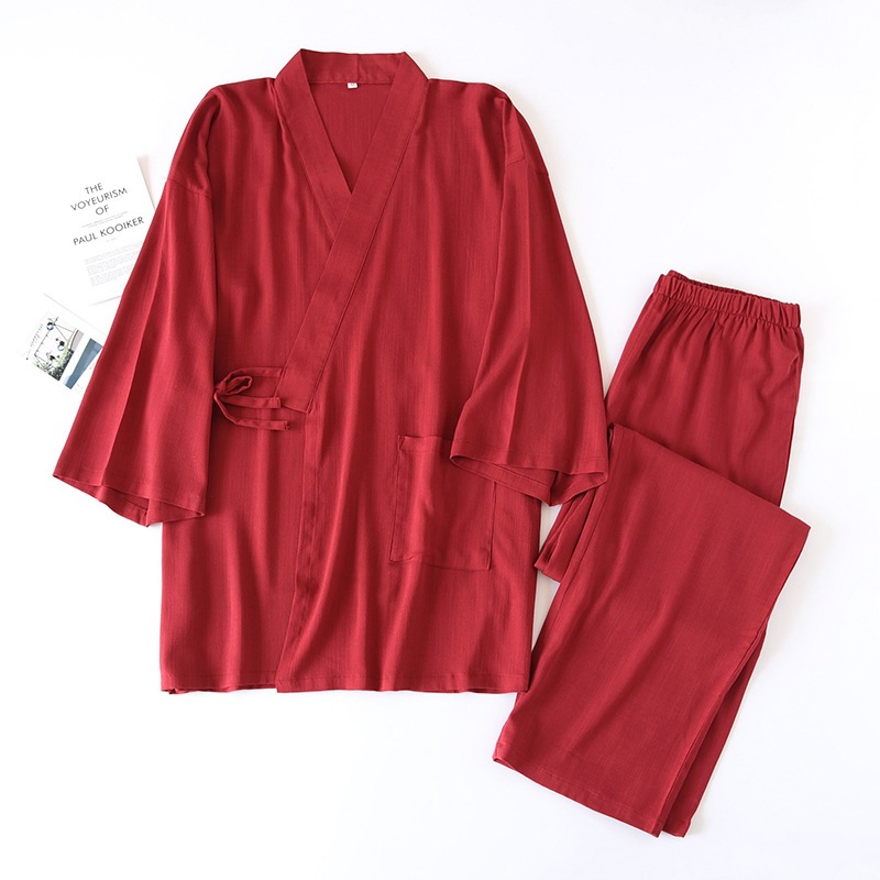 Japanese-style Solid-color Mens Kimono Pajamas, Cotton-linen Drawstring Homewear Set photo 2